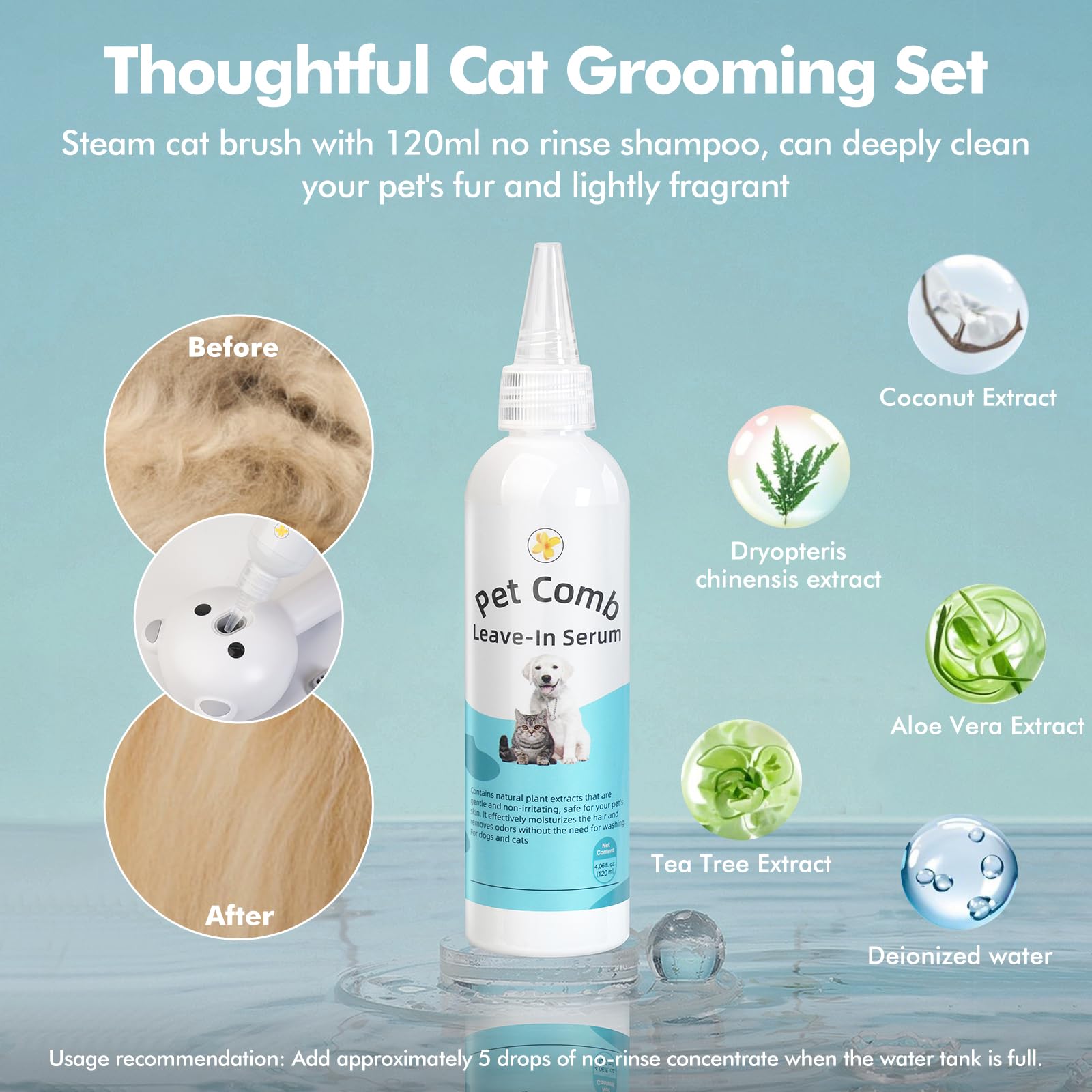4 in 1 Pet Steam Brush for Cat & Dog, Cat Steam Brush for indoor Cats, Self Cleaning Shedding & Grooming Tool with Waterless Sha