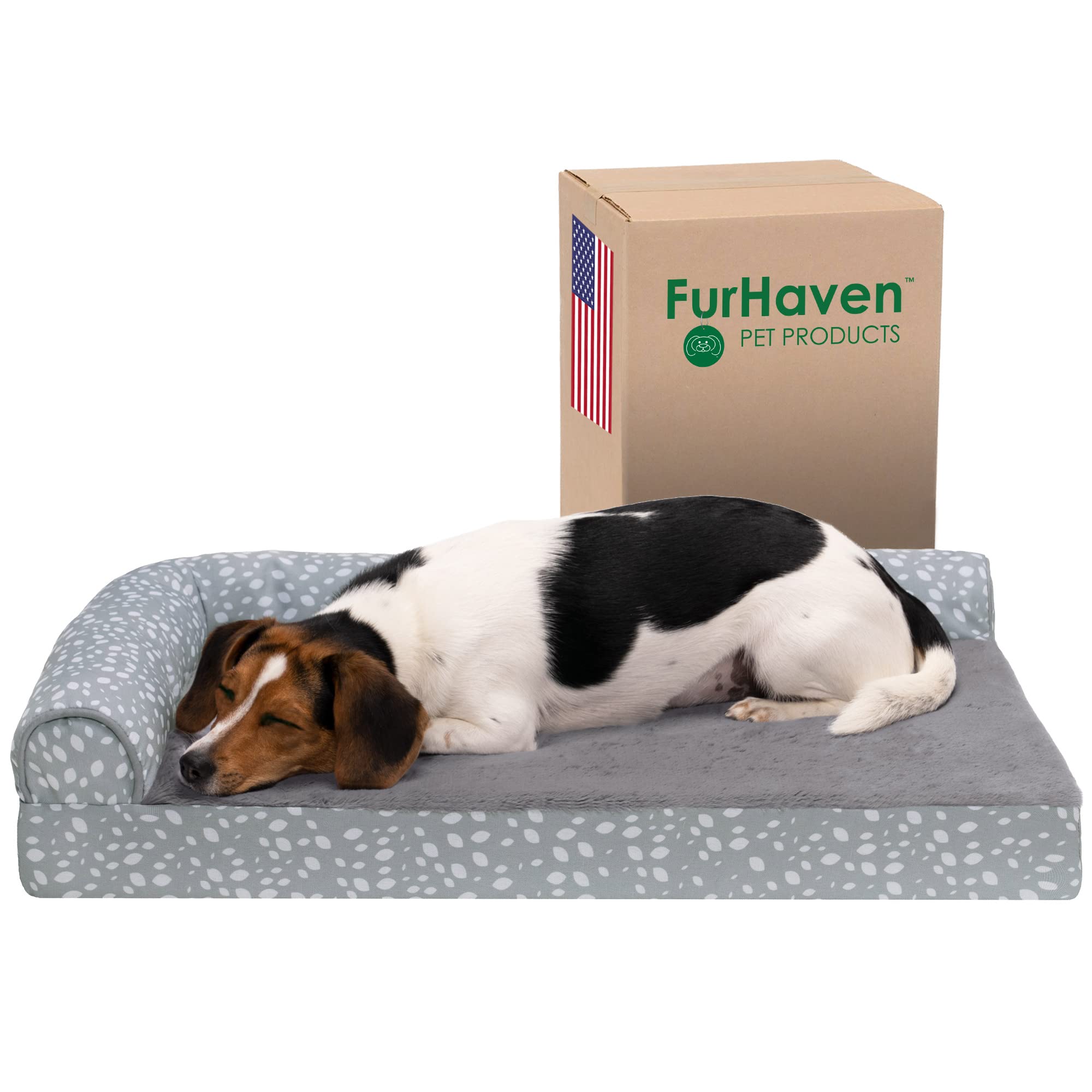 Furhaven Supportive Cooling Memory Foam L Chaise Dog Bed With Washable & Removable Cover - Plush & Almond Print - Gray Almonds, 
