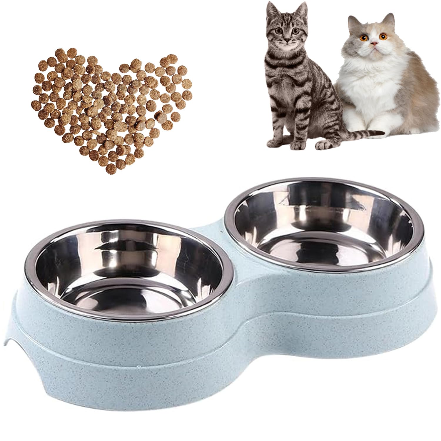 AKEISHE Double Cat Food Bowl -Stainless Steel Bowls with Easy-to-Clean Detachable Design, Non-Slip Base, Pet Feeder for Kittens 