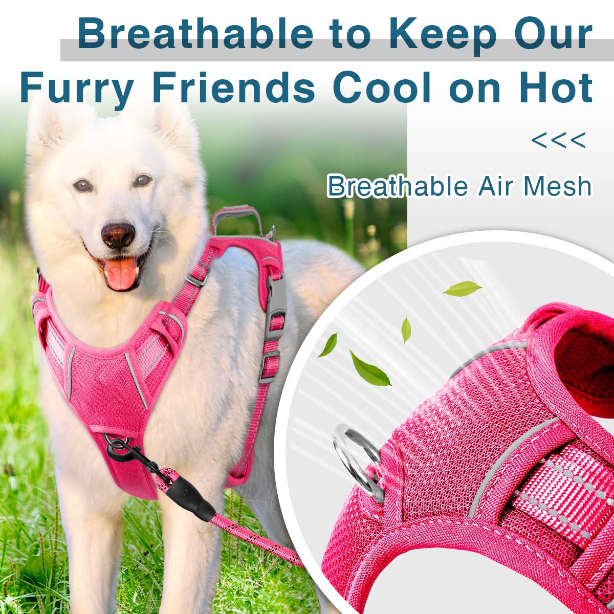 BARKBAY No Pull Dog Harness - Heavy Duty, Reflective, Medium Size (Chest: 22.5-28"), Pink, Model MOEMOEYA