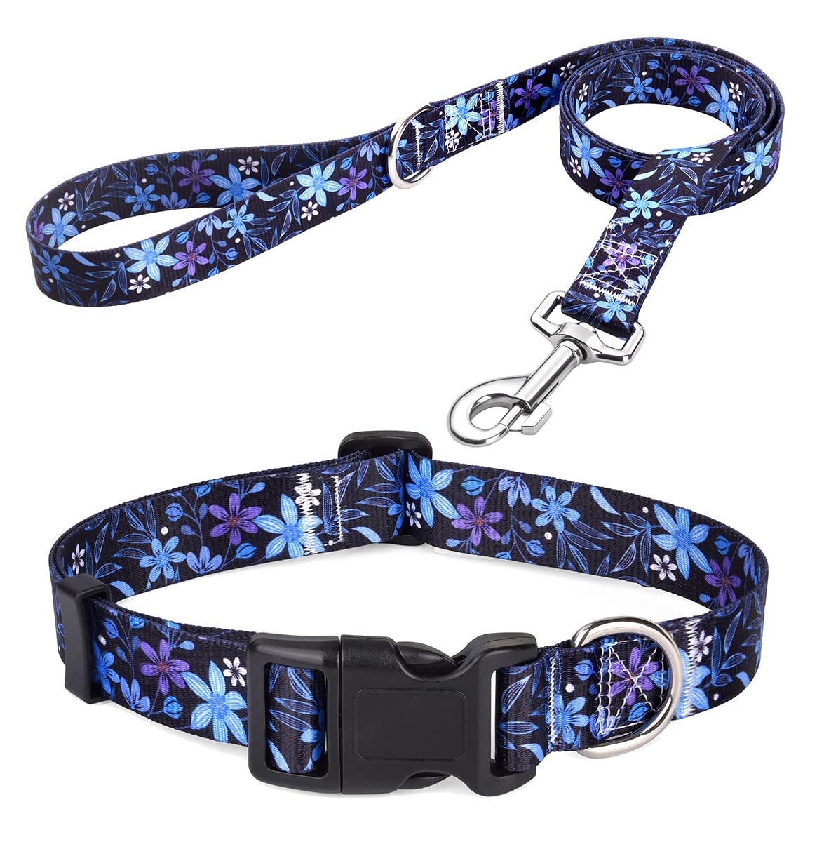 Mihqy Dog Collar And Leash Set With Bohemia Floral Tribal Geometric Patterns - Soft Ethnic Style Collar Adjustable For Small Medium Large Dogs(Blue Floral Set,L)