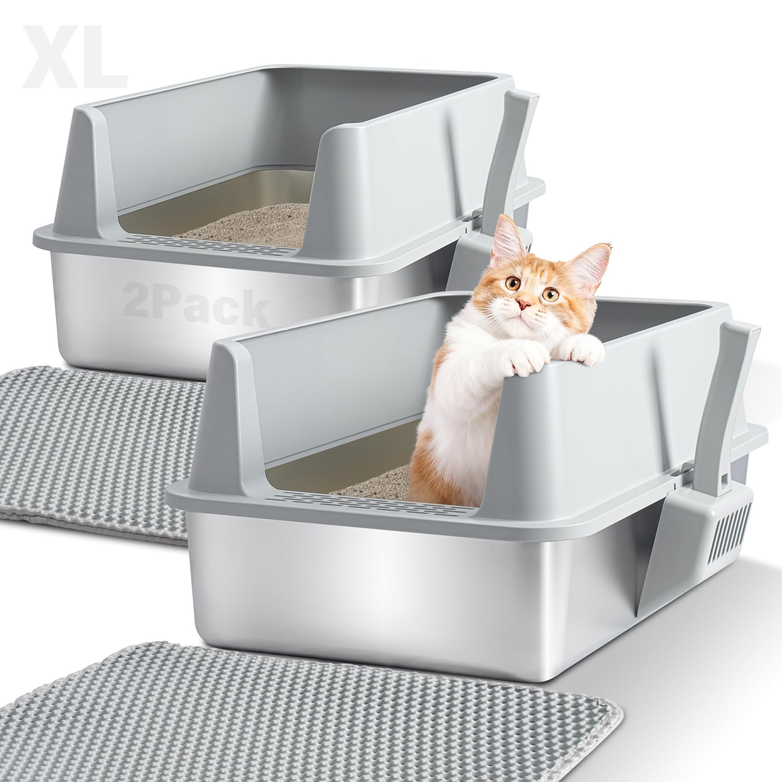 2 Pack Stainless Steel Litter Box,XL Metal Cat Litter Box with Lid High Sides,Extra Large Litter Box for Big Cats,Odor-Resistant