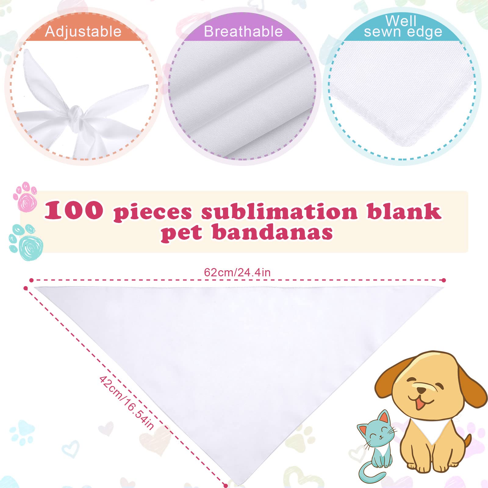 Kacctyen 100 Pcs Sublimation Blank Dog Bandanas Heat Transfer Washable Triangle Scarf Diy Sublimation Pet Bandana Bib Kerchief Puppy Accessories For Dogs Cat, White(24.4 X 16.54 Inch)