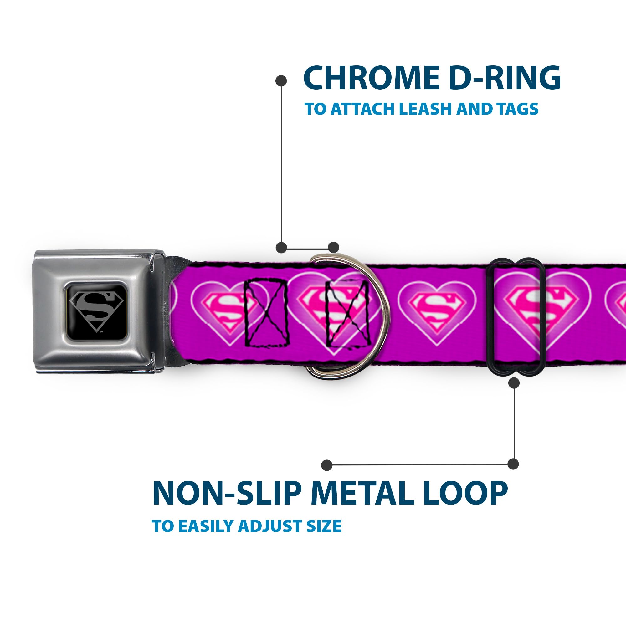 Buckle-Down Seatbelt Buckle Dog Collar - Superman Logo In Heart Purple/White/Pink - 1 Wide - Fits 9-15 Neck - Small