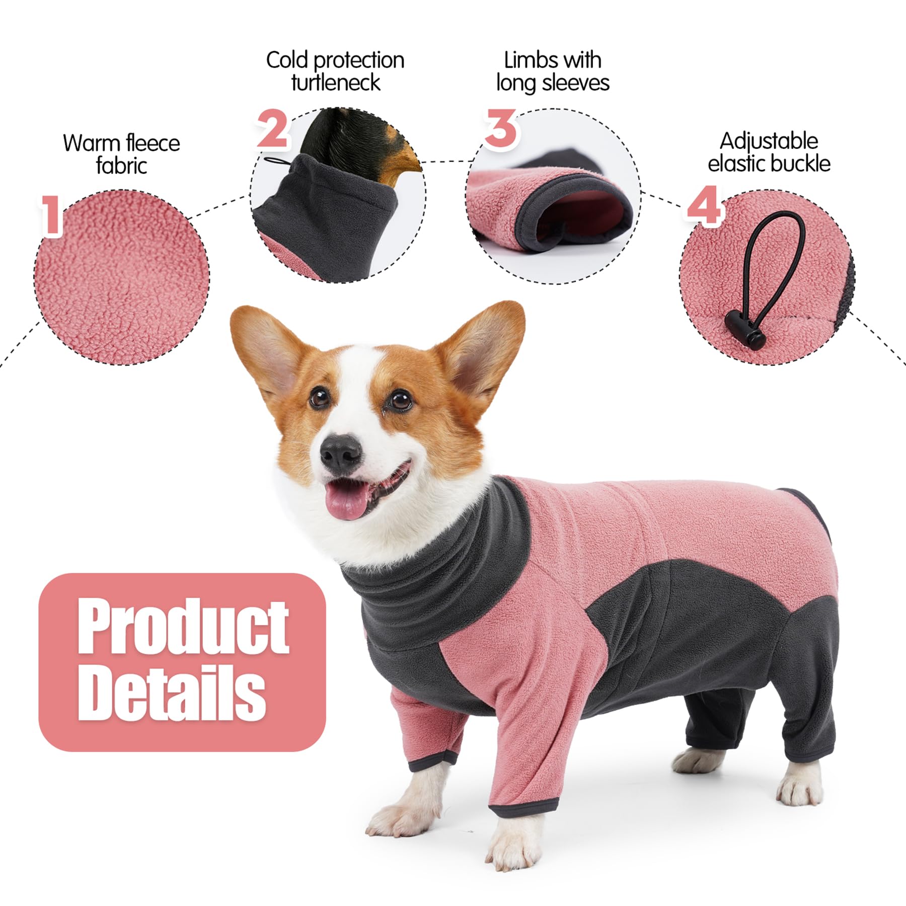 Pinellia Dog Winter Coat, Warm Fleece Dog Jacket, Windproof Dog Pullover Bodysuit, Fullbody Dog Pajamas Onesie, Cold Weather Clo