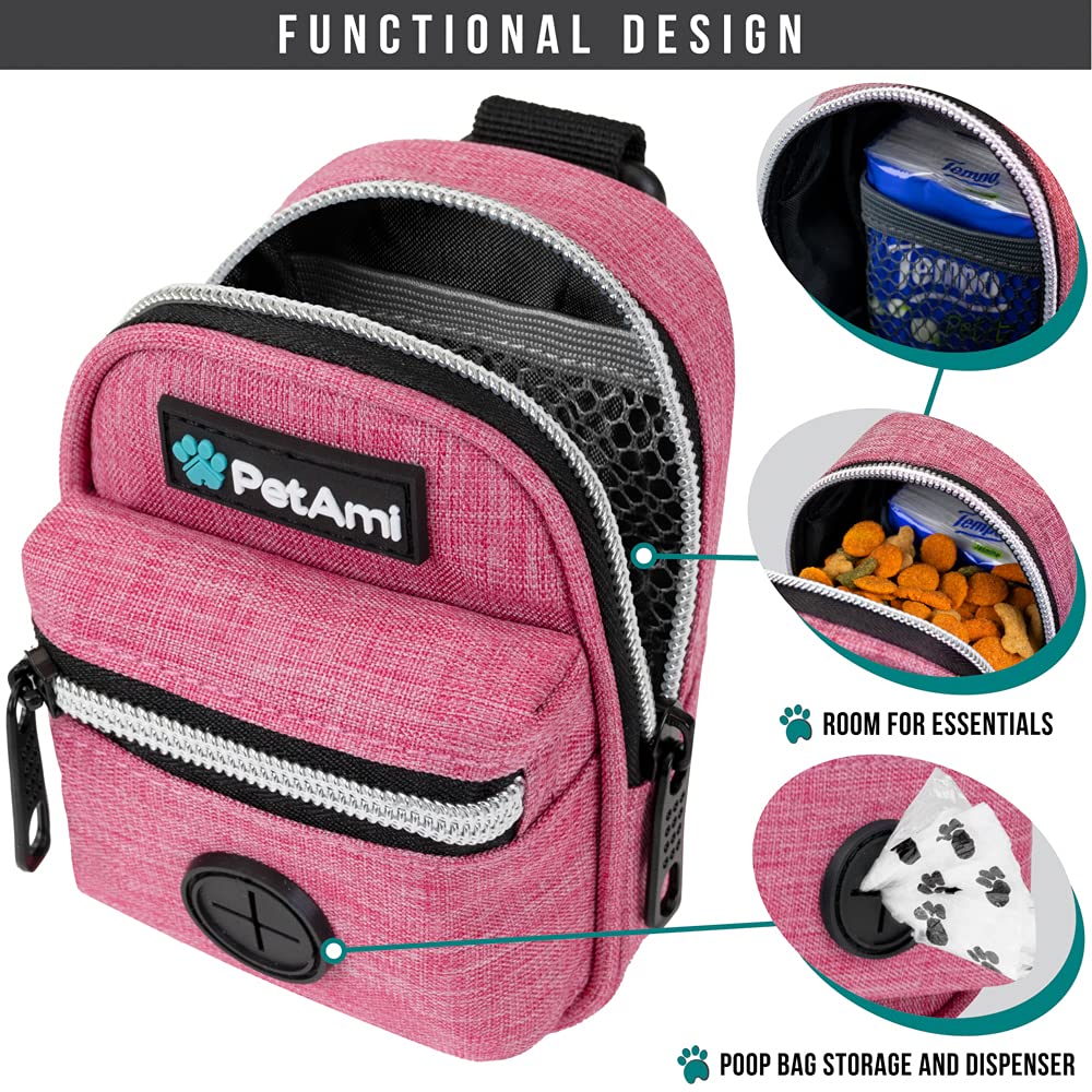 Petami Dog Poop Bag Holder | Dog Waste Bag Dispenser With Clip For Leash And Belt | Portable Fabric Doggy Waste Bag Holder For Walking Hiking Running Travel - With One Roll Of Dog Bag (Heather Pink)