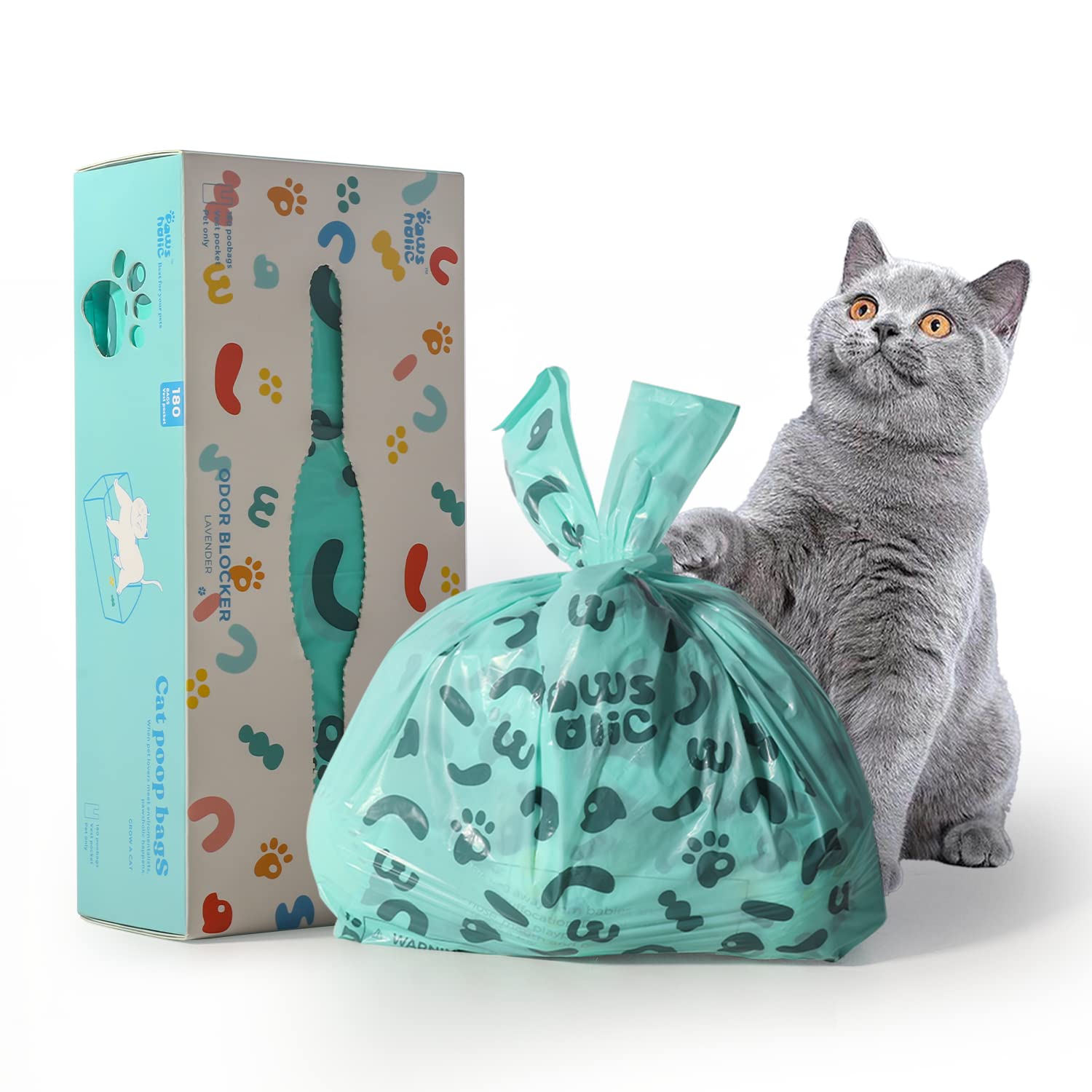 Cat Poop Bags - Pawsholic Biodegradable Cat Litter Bags With Handle,180 Count,Cornstarch Based Extra Thick&Leak-Proof,For Pet Po