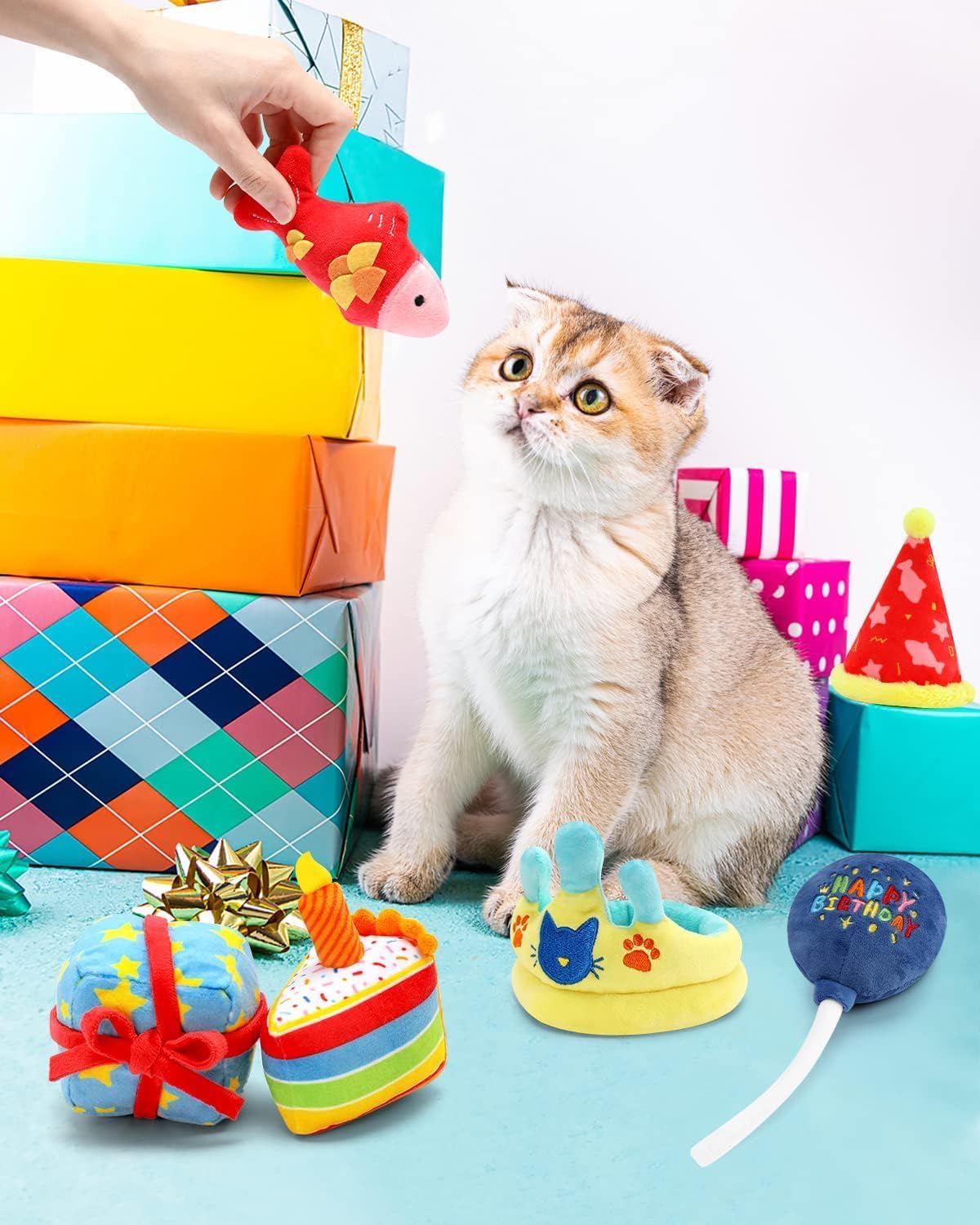 CiyvoLyeen 6Pcs Birthday Themed Catnip Toys Cat Birthday Gift Kitten Interactive Toys for Cat Lover Cake Crown Fish Soft Plush C