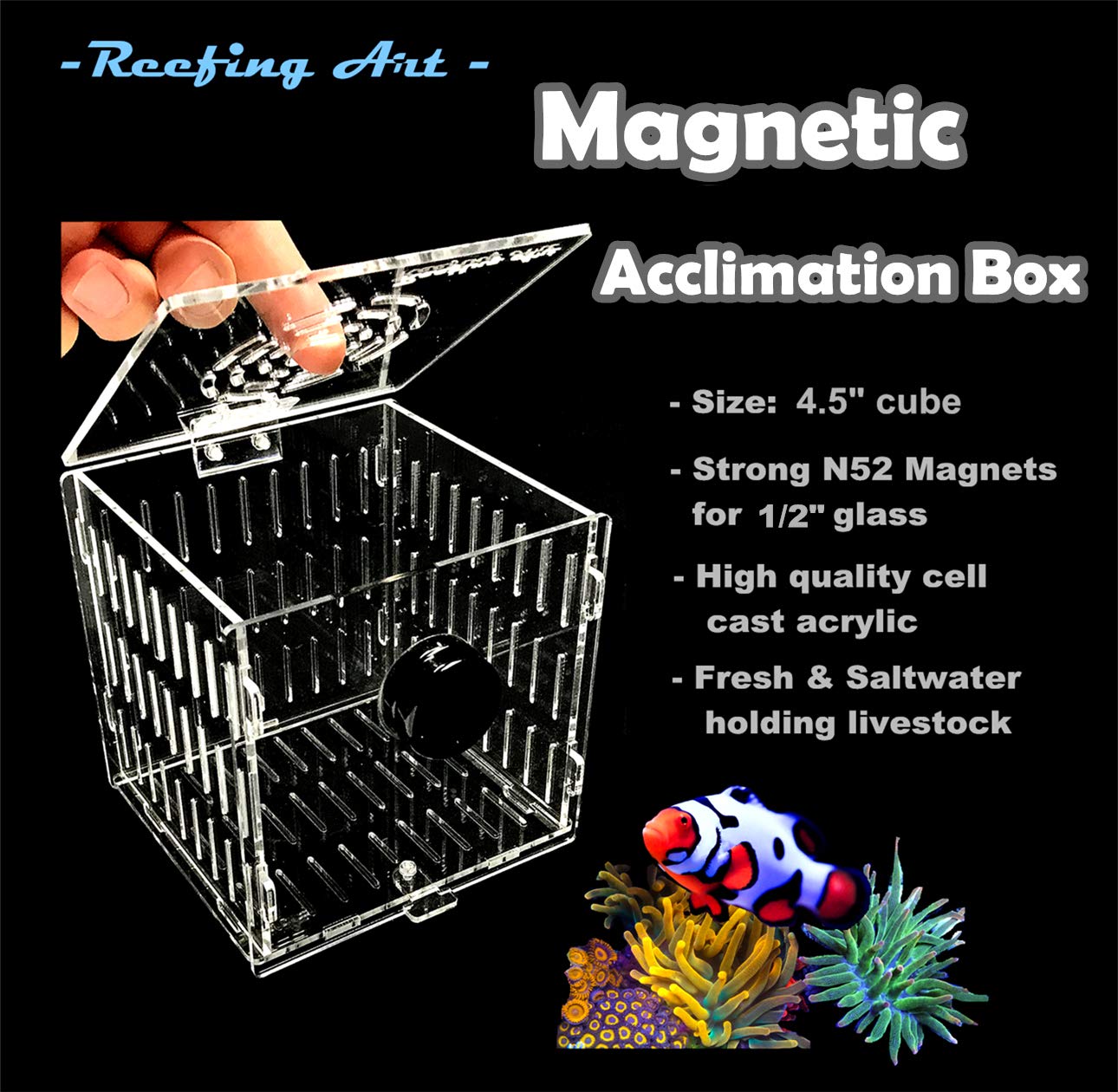 Reefing Art Small Magnetic Acclimation Breeder Box Anemone Coral Strong N52 Magnets For 1/2'' Glass (4.5'' Cube)