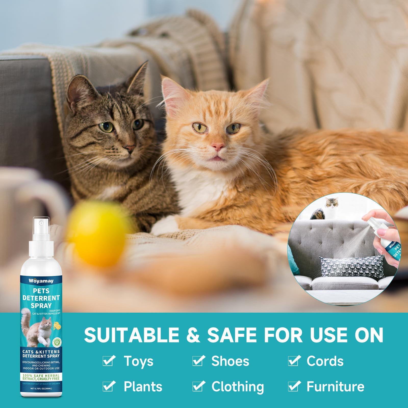 Woyamay Cat Deterrent Spray 200ml - Transparent Cat Repellent for Furniture, Indoor & Outdoor Use, Prevents Scratching and Chewing