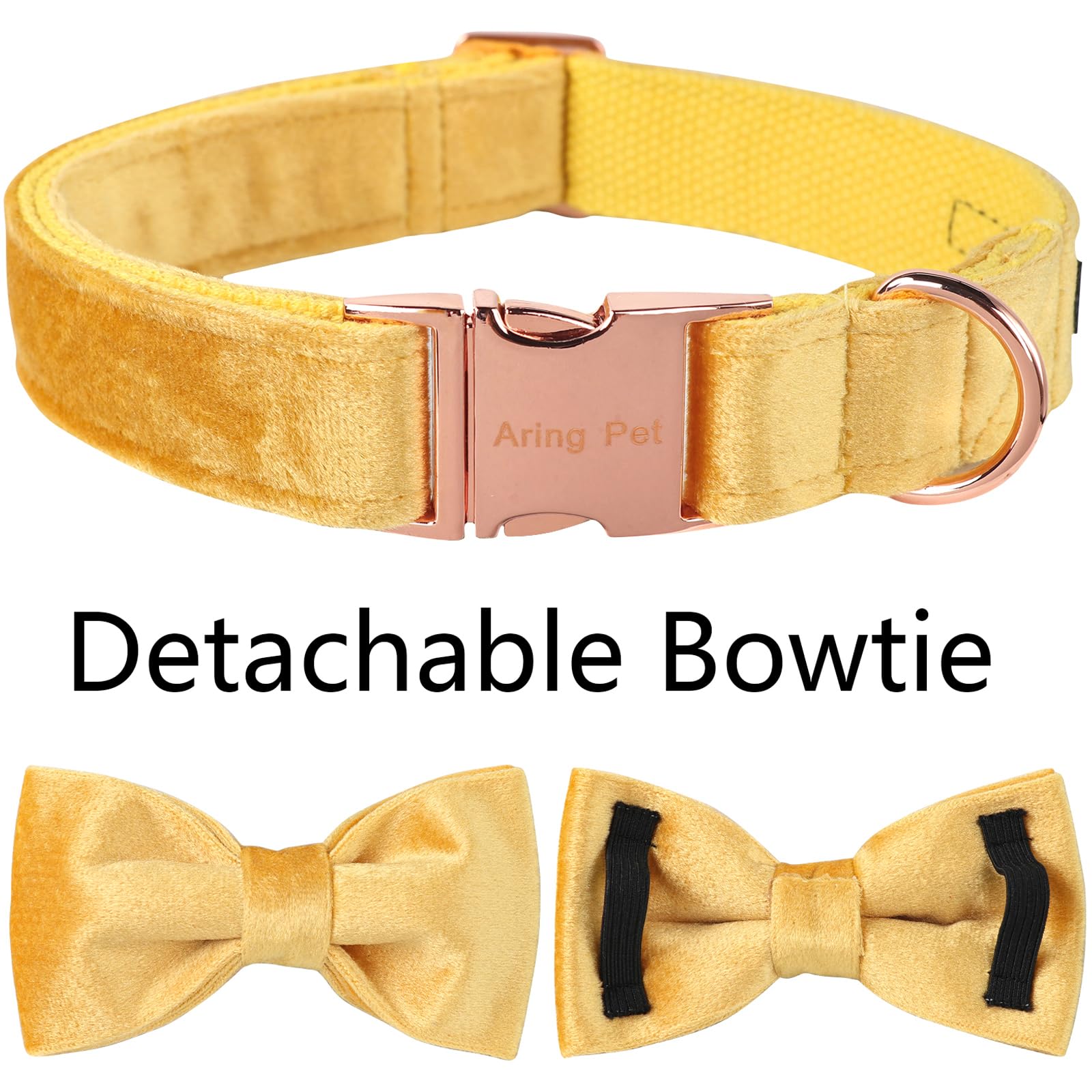 ARING PET Bowtie Dog Collar-Velvet Dog Collars with Detachable Bowtie, Adorable&Soft Yellow Dog Collar.