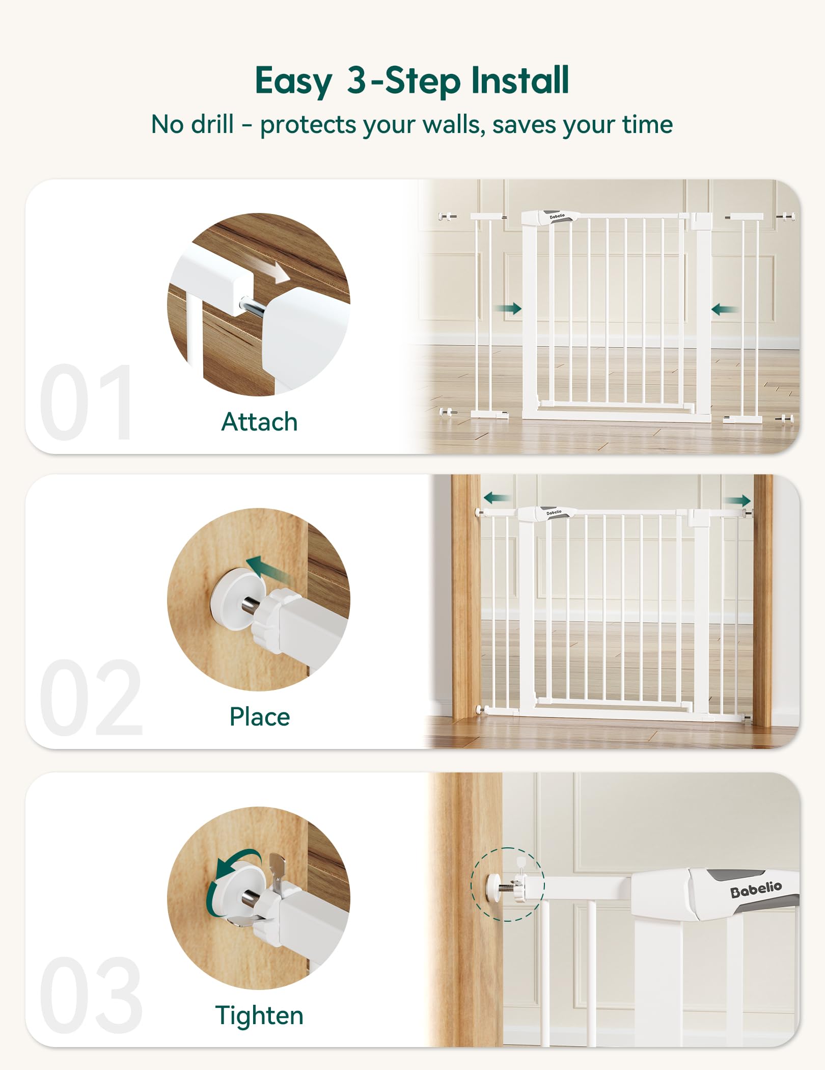 Babelio Baby Gate for Doorways and Stairs, 36 Tall Pet Gate, PressGuard P7 with Auto Close Design, 29-43 Wide Easy Install Press