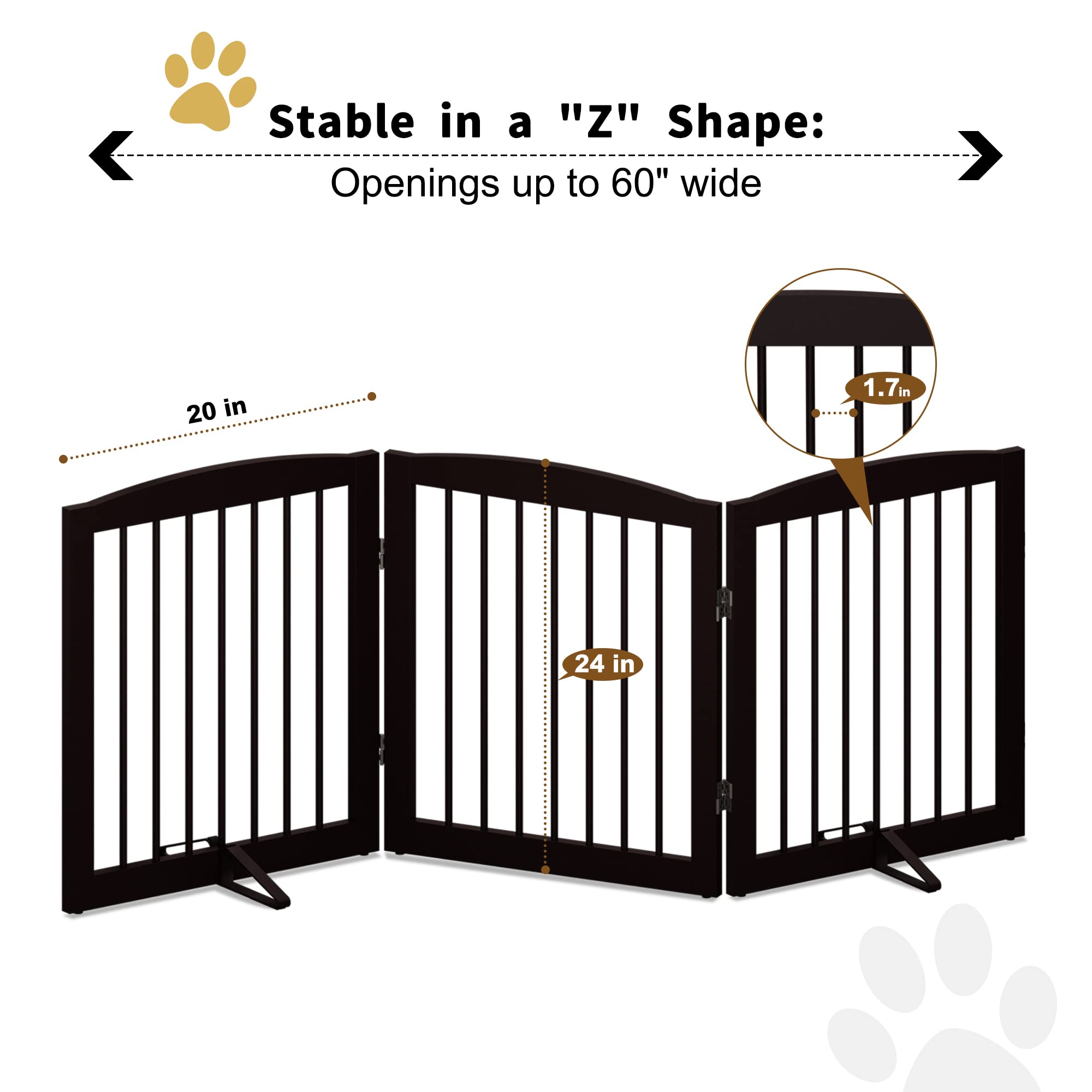 Pupetpo Freestanding Pet Gate For Dogs, Foldable Wooden Dog Gate For House, Indoor Dog Gate For Doorways, Stairs, Step Over Pet Puppy Safety Fence, Support Feet Included, 24' Height 3 Panels, Brown