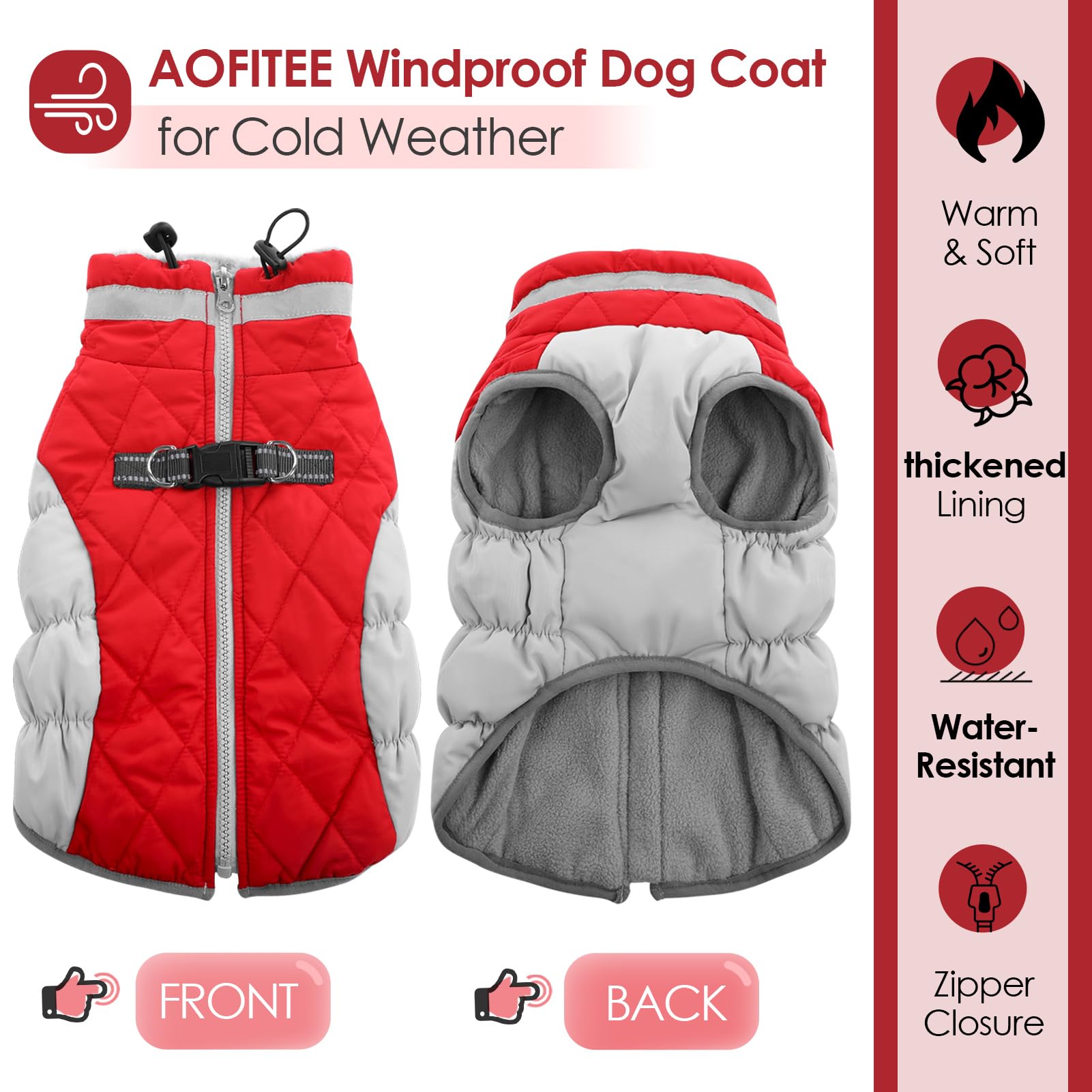 AOFITEE Winter Dog Coat, Reflective Zip Up Vest, Warm Fleece, 2XL, Red