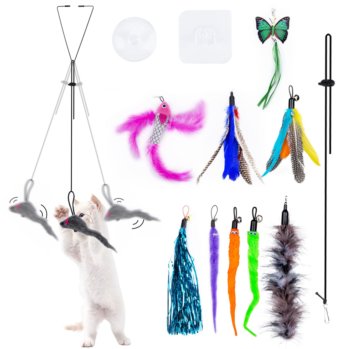 Oziral Interactive Cat Feather Toys, 15 Pack Self-Play Hanging Door Cat Mice Toys Hanging Interactive Cat Toys For Indoor Cats Kitten Play Chase Exercise, Cat Teaser Toy Mice Toys