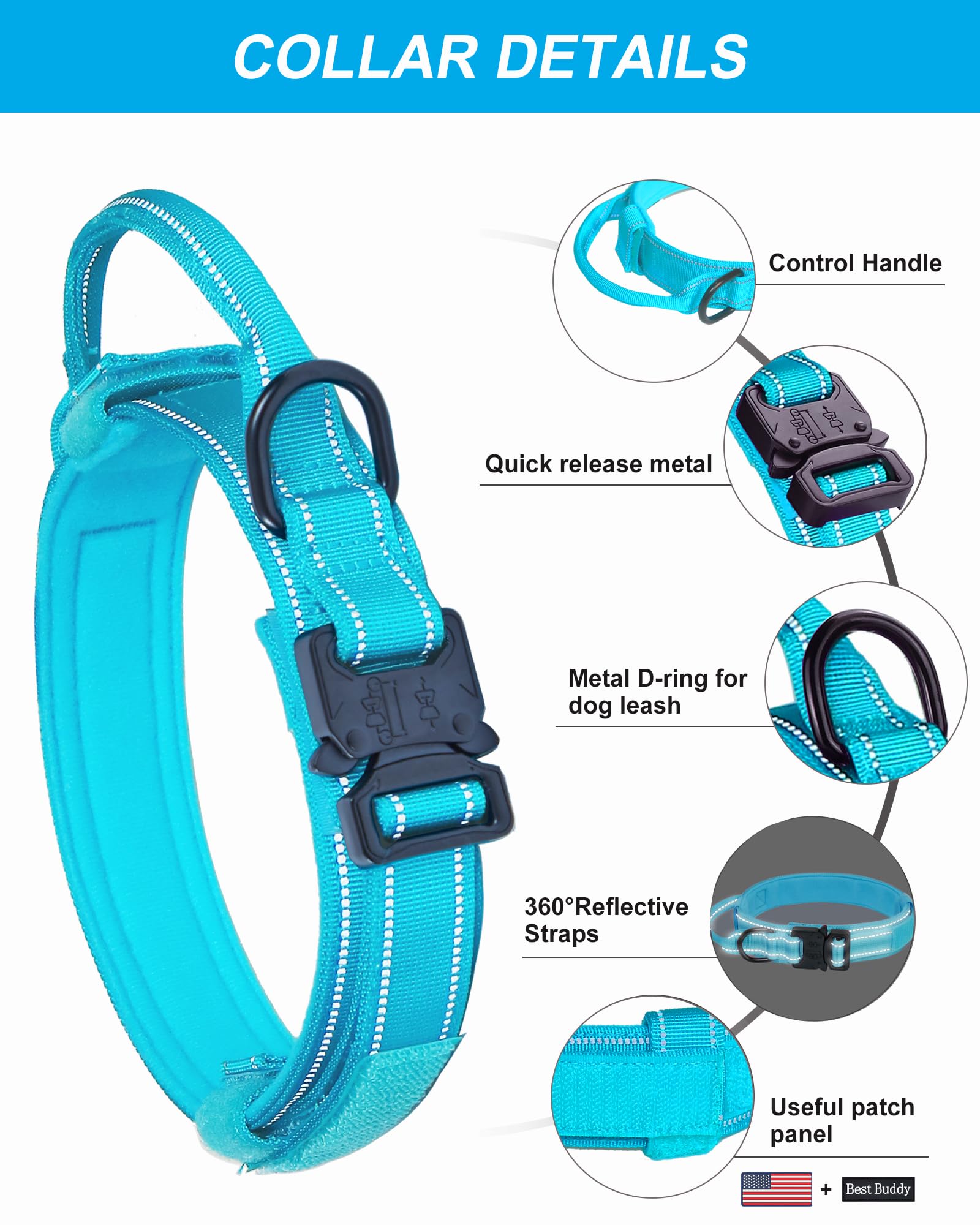 AUBELL Reflective Tactical Dog Collar,Adjustable Military Heavy Duty K9 Collars with Handle and Quick Release Metal Buckle Great