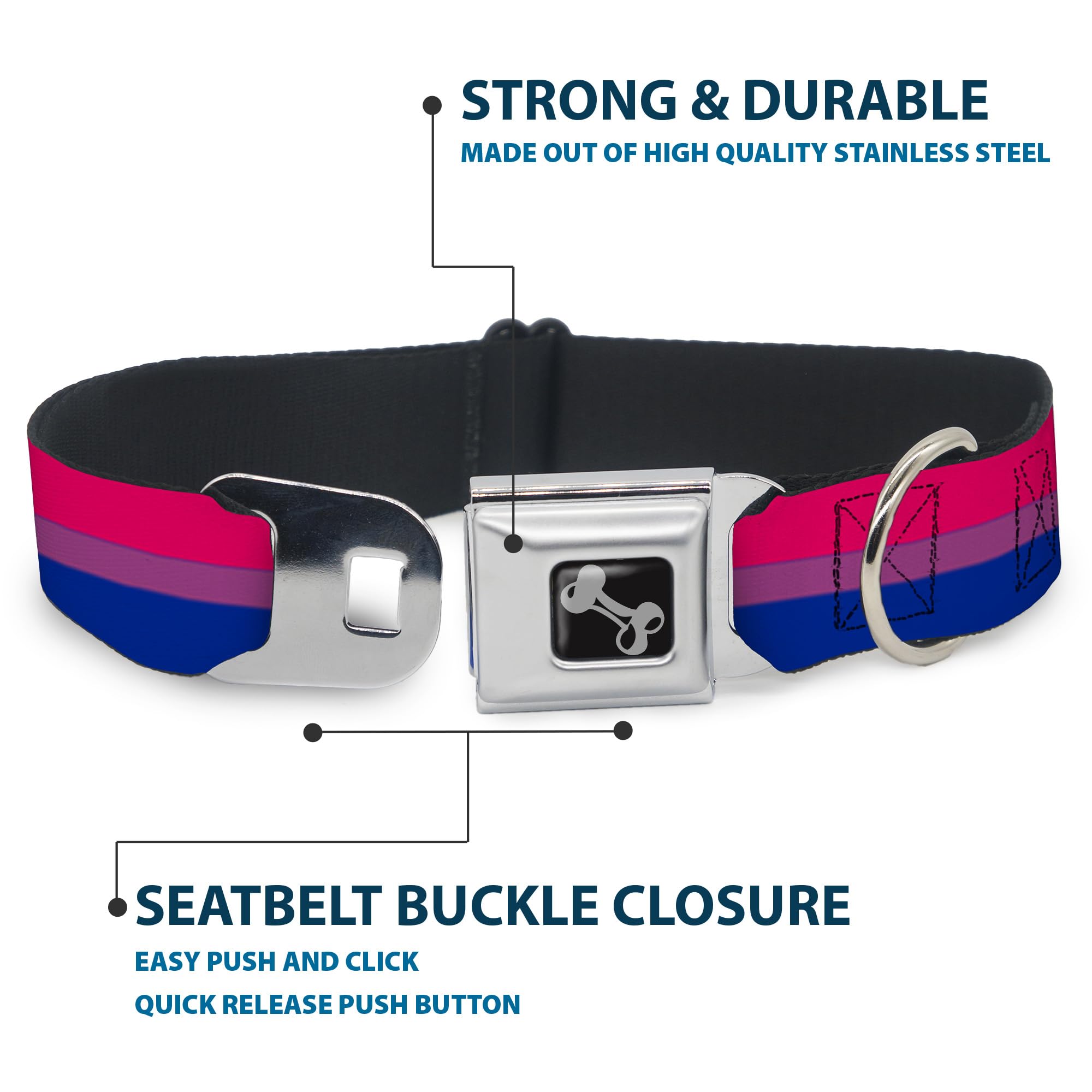 Buckle-Down Dog Collar Seatbelt Buckle Flag Bisexual Pink Purple Blue, Multicolor, 1.5'' Wide - Fits 16-23'' Neck - Medium (Dc-W