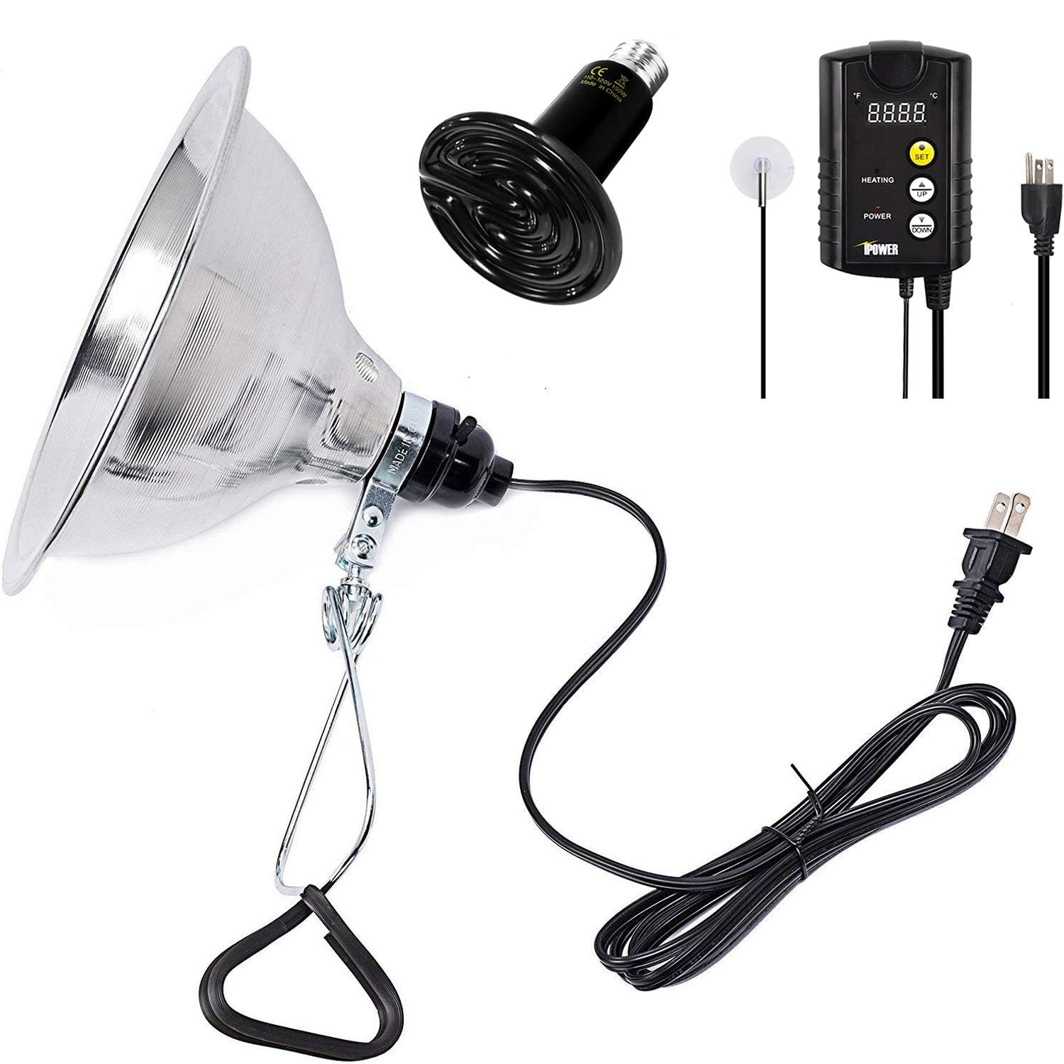 Simple Deluxe 100W/150W Reptile Heat Bulb And 8.5/10.5 Inch Clamp Light, 40-108 Degrees Fahrenheit Digital Thermostat Controller And Thermometer Included, For Amphibian Pet & Incubating Chicken