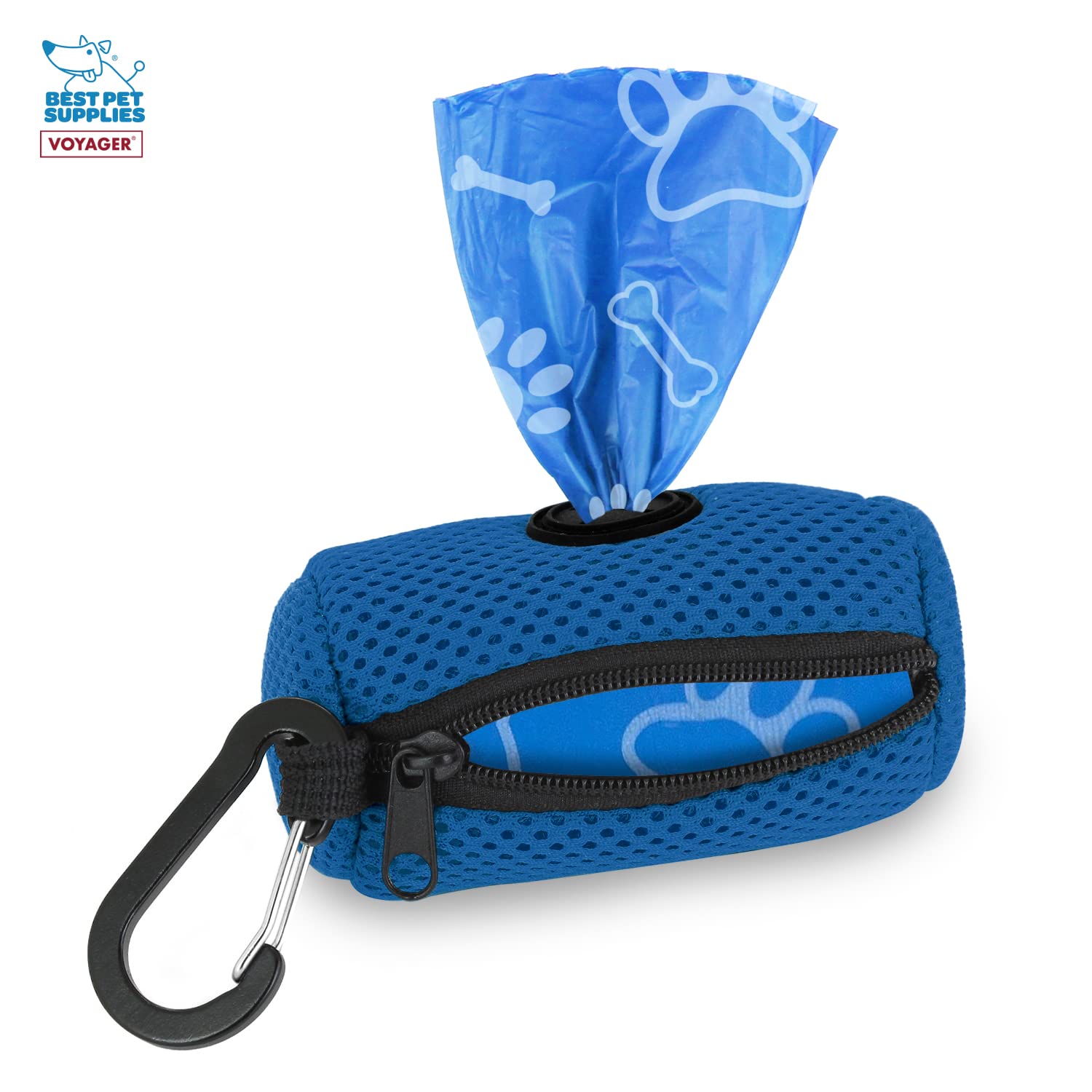 Best Pet Supplies Dog Poop Bag Holder Leash Attachment With 15 Bags, Royal Blue, Reusable Mesh Dispenser Pouch For Travel, Walki