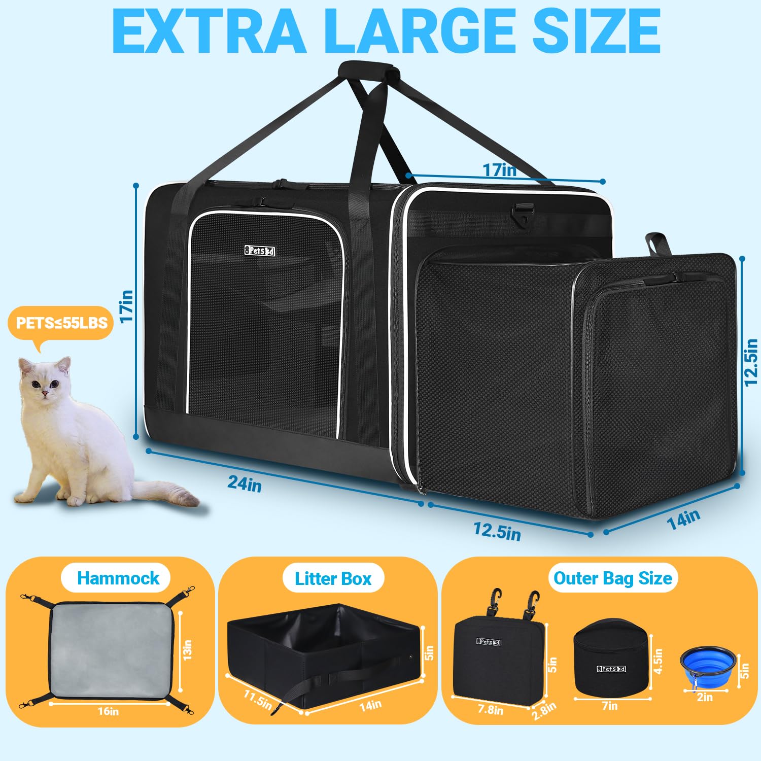 Petskd Side Expandable Extra Large Cat Carrier With Litter Box Area, 24''X17''X17'' Soft-Sided Pet Carrier For 2 Cats Under 55 L