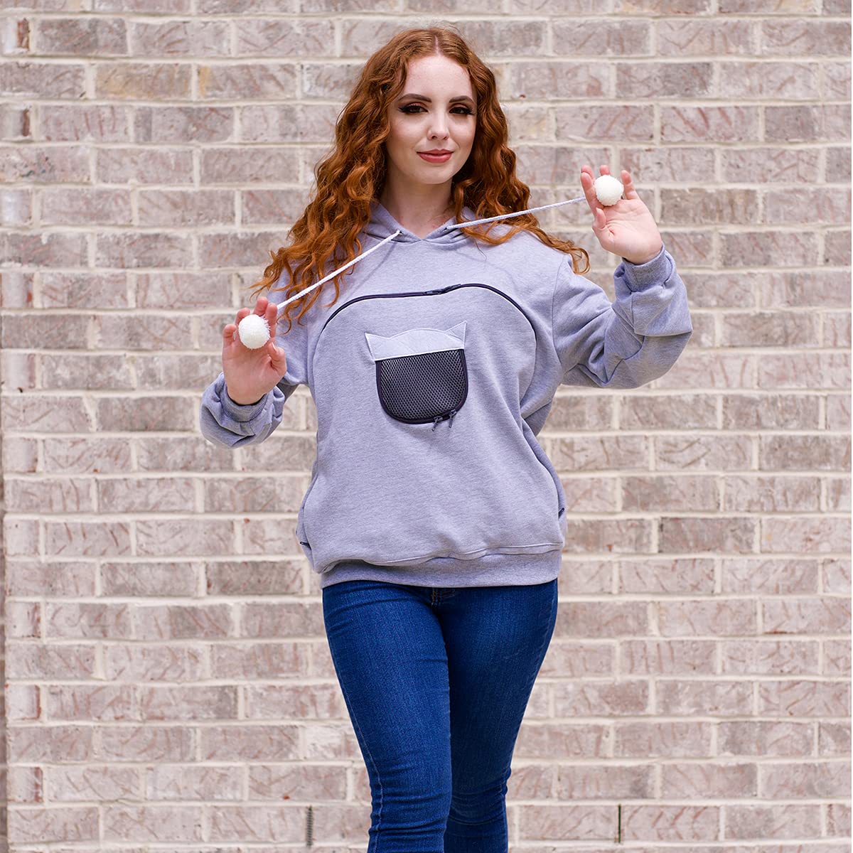 Alyc Unisex Hoodies Pet Holder Cat Dog Large Pouch Carriers Pullover With Cat Printing Sweatshirt (Light Grey-M)