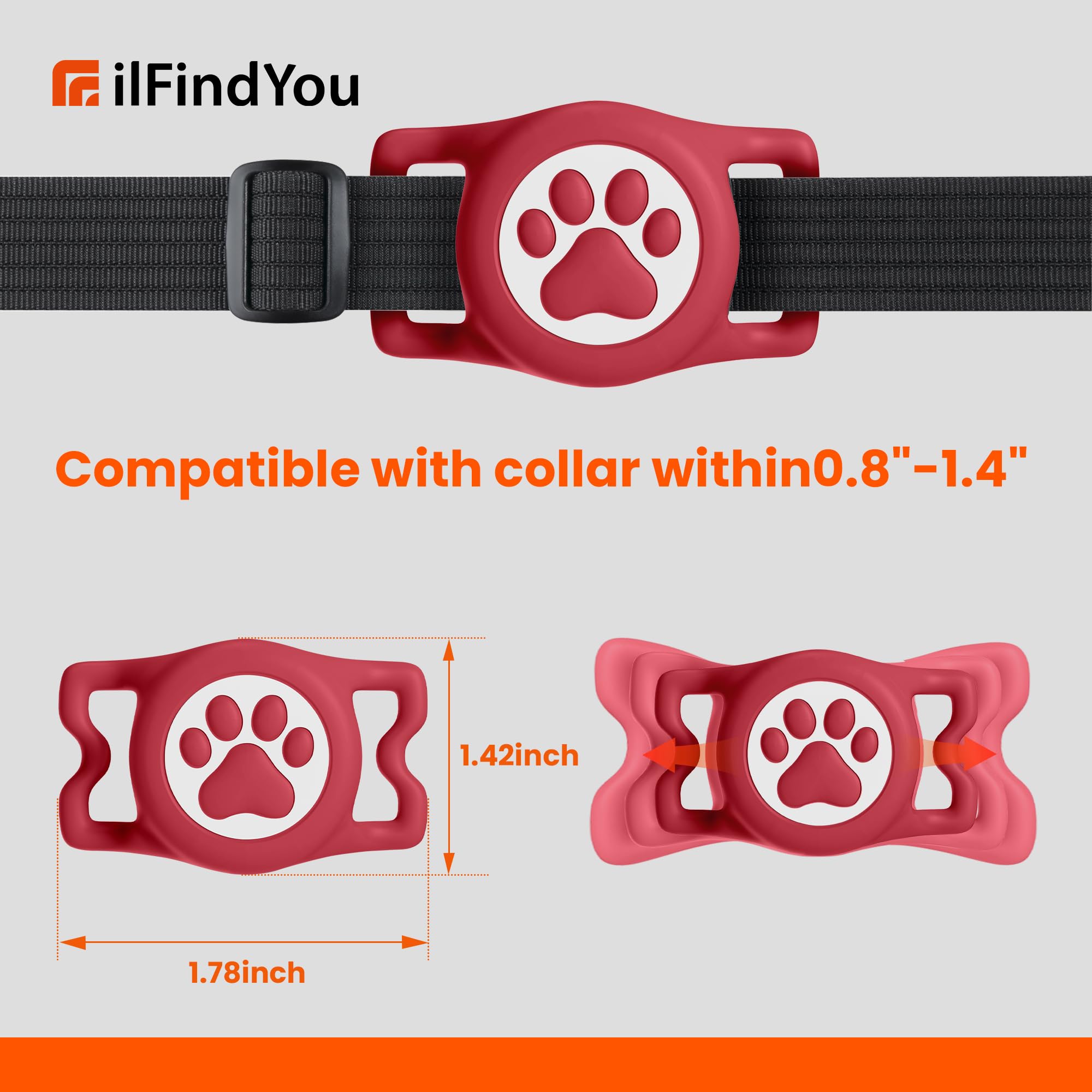 Ilfindyou Waterproof Airtag Dog Collar Holder For Apple Air Tag, Silicone Dog Airtag Holder For Dogs & Cat Collars(Red)