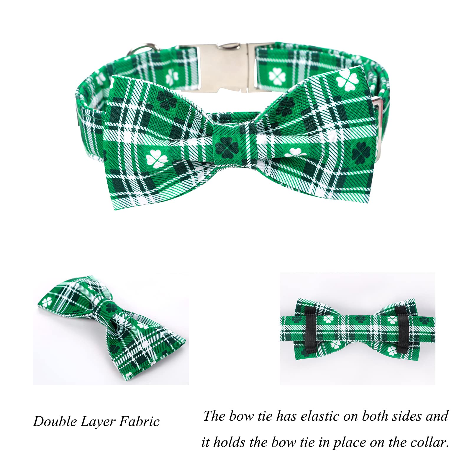 Lionet Paws St Patricks Day Dog Collar With Bowtie, Irish Green Shamrock Clover Bowtie Collar With Metal Buckle For Dogs Girl Bo