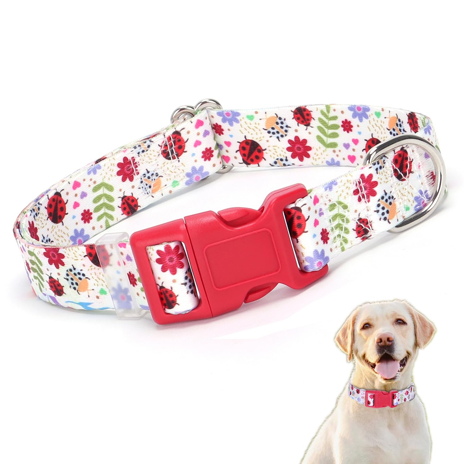 Large Dog Collar Girl, Pretty Flower Pattern Design Quick Release Buckle Soft Nylon Female Dog Collars Adjustable for Small Medi