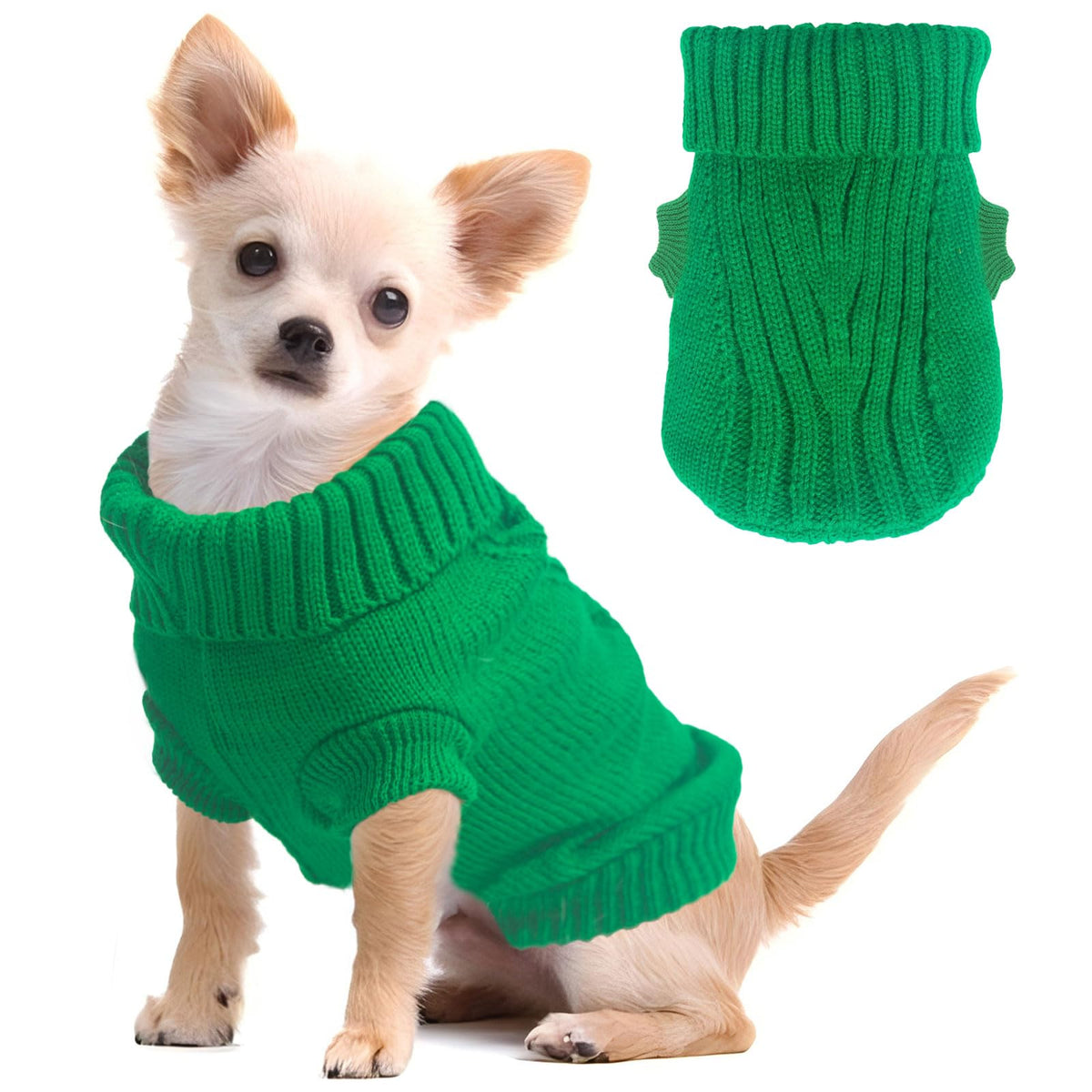 Bright Green Small Dog Knitted Sweater - Warm Thick Puppy Turtleneck Pullover For Chihuahua, Teacup Dog, Yorkie - Autumn Winter 