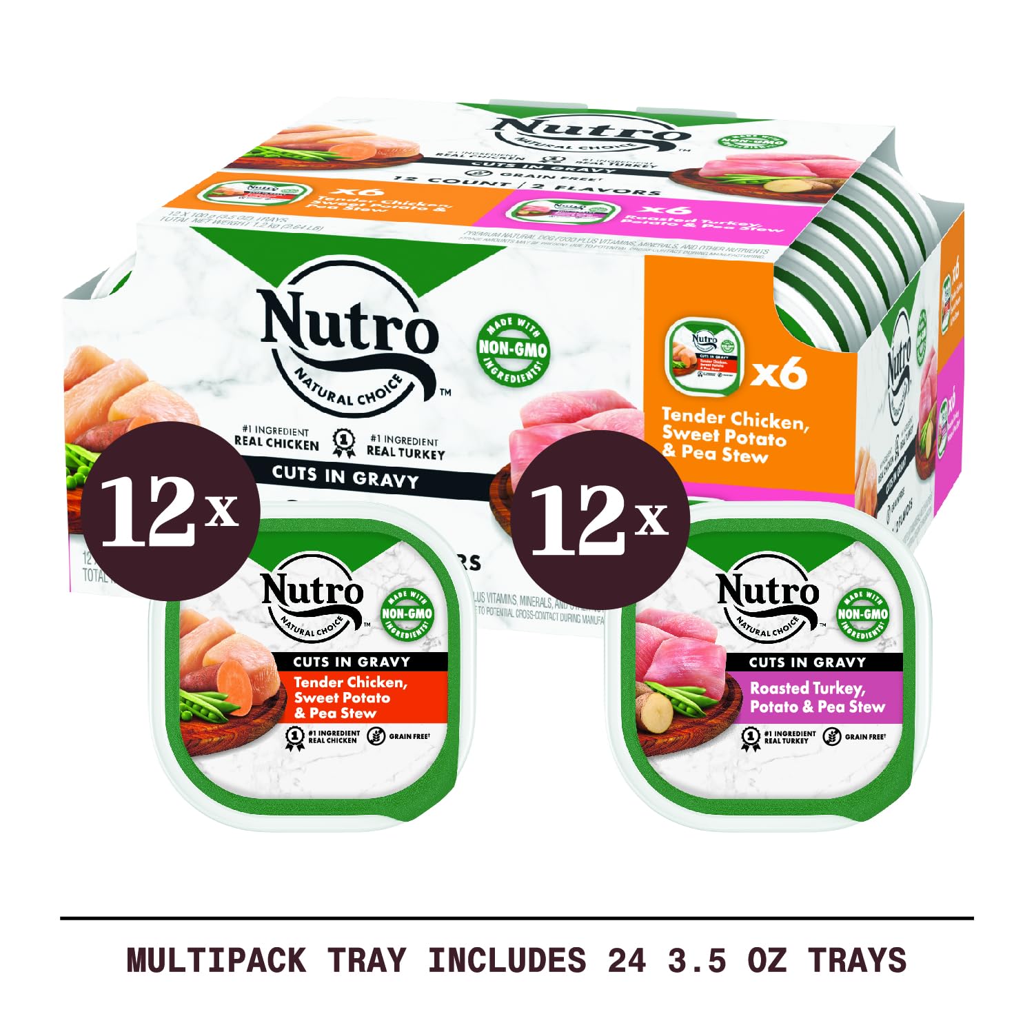 Nutro Natural Choice Cuts in Gravy Wet Dog Food Chicken Turkey Variety Pack, 3.5 oz. Trays (12 Count, Pack of 2)