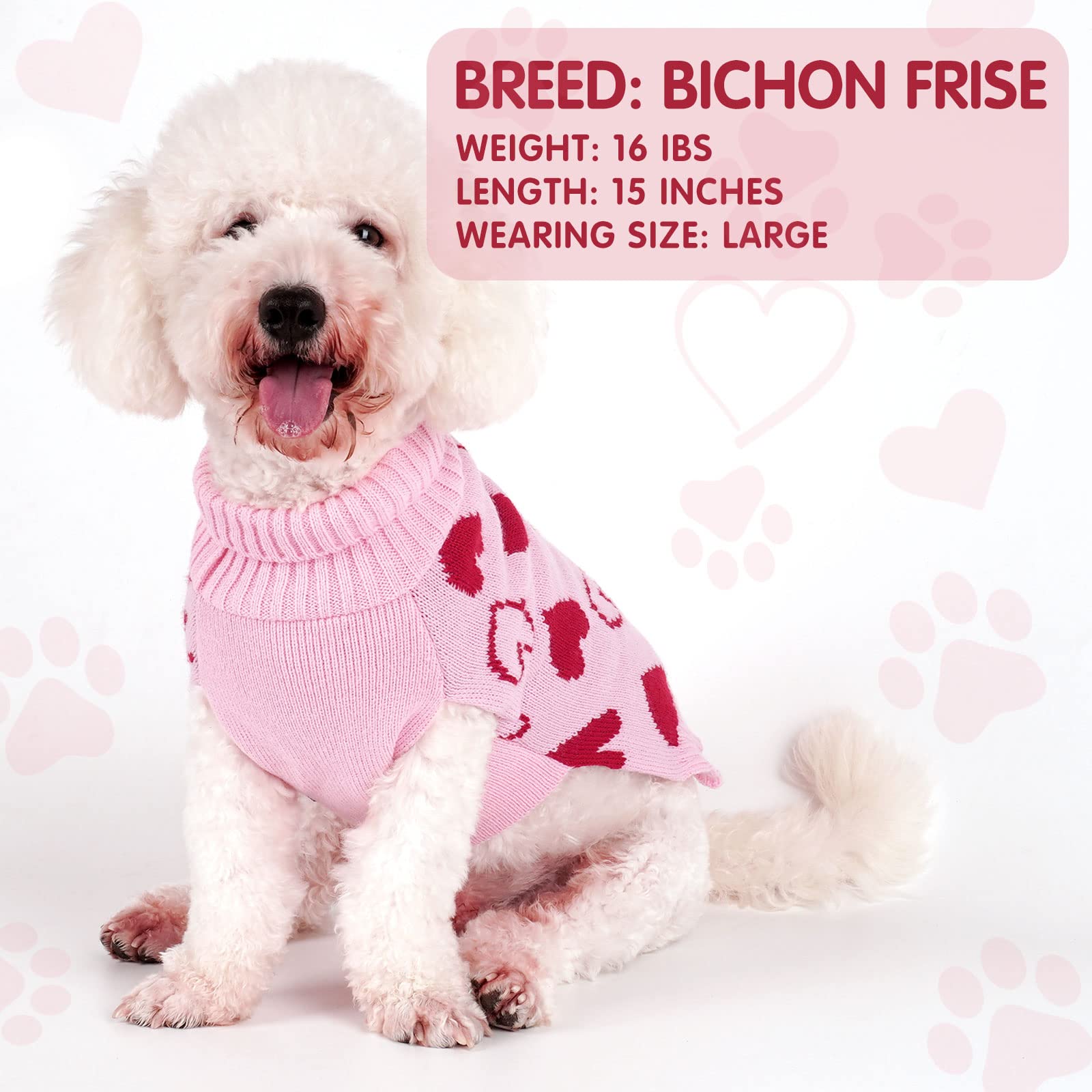 Cyeollo Dog Sweaters For Small Dogs Mothers Day Dog Clothes Heart Pattern Turtleneck With Leash Hole Holiday Outfit Pet Apparel Pullover Sweaters For Dogs Pink