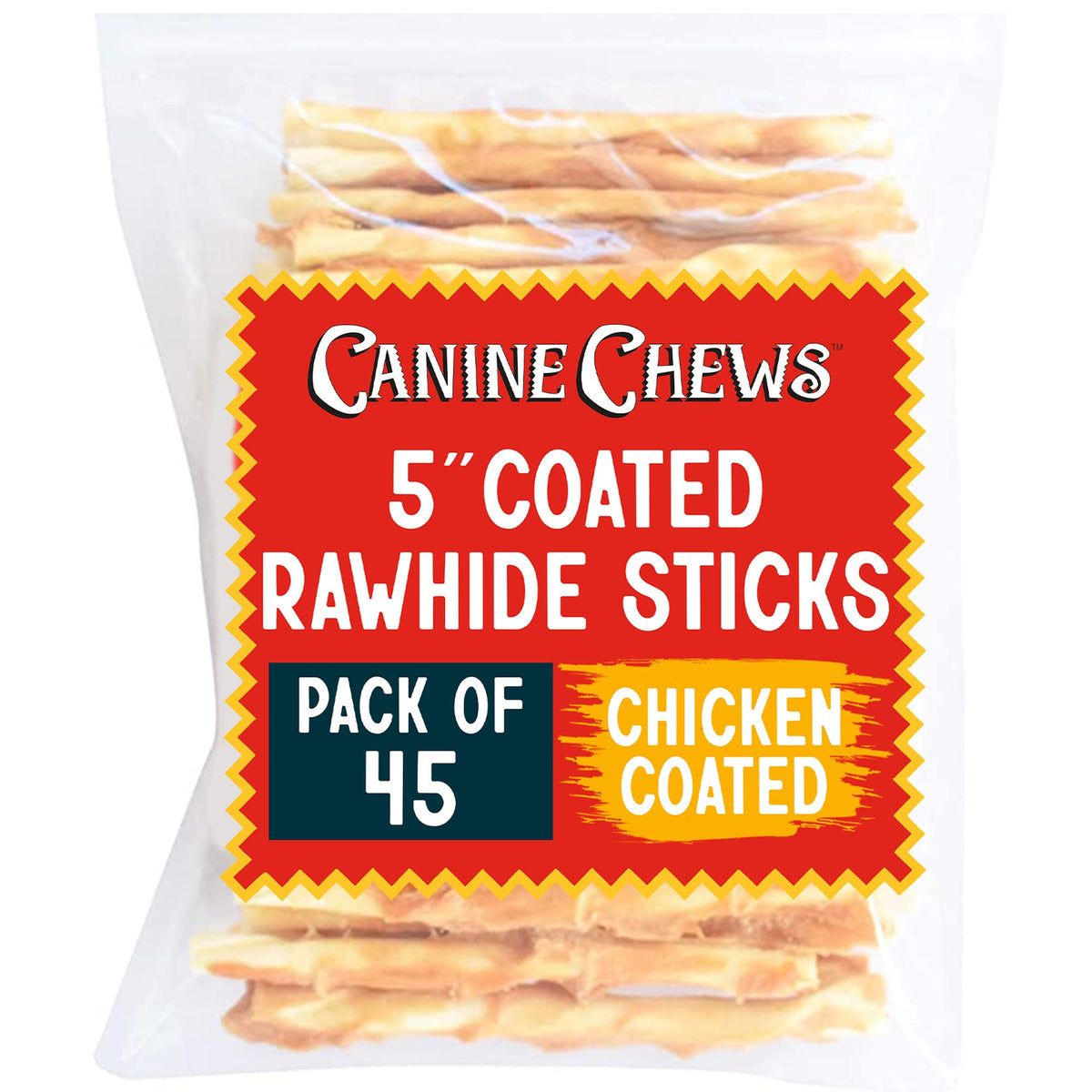 Canine Chews 5' Chicken Slurry Sticks - Pack Of 45 Chicken Wrapped Rawhide Dog Treats - 100% Real Usa-Sourced Chicken Coating - Protein-Dense Chicken Wrapped Dog Treats Rawhide Chews