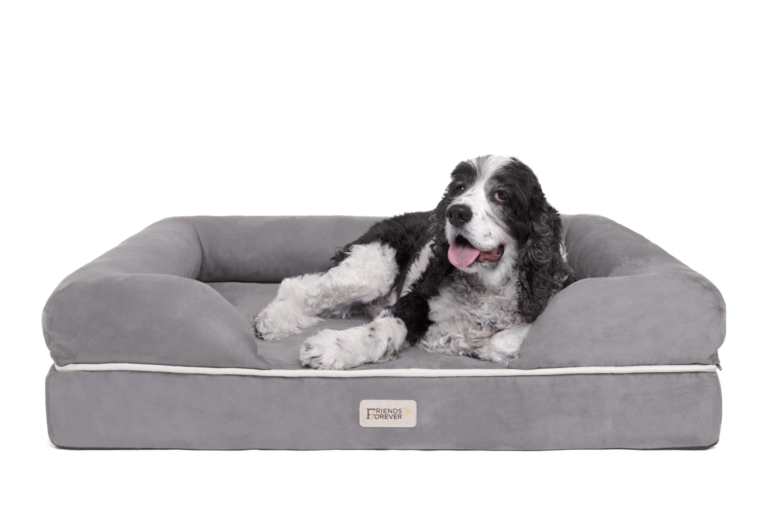 Chester Large Grey Dog Bed - Orthopedic Memory Foam Mattress, Calming Couch, Wall Rim Pillow, Water Resistant, Washable Cover, N