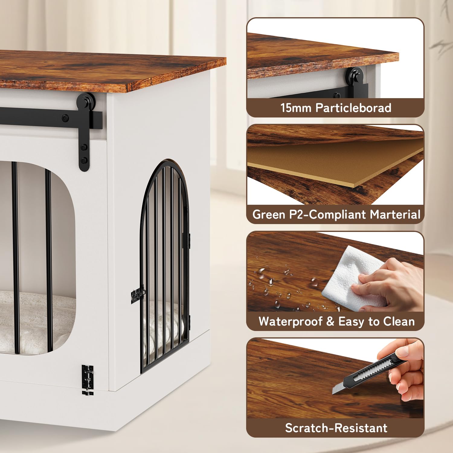 YDTOP XL Dog Kennel Furniture - 39.4" Off White Engineered Wood Crate with Cushion for Small/Medium/Large Dogs, Model PXZZPT052WH