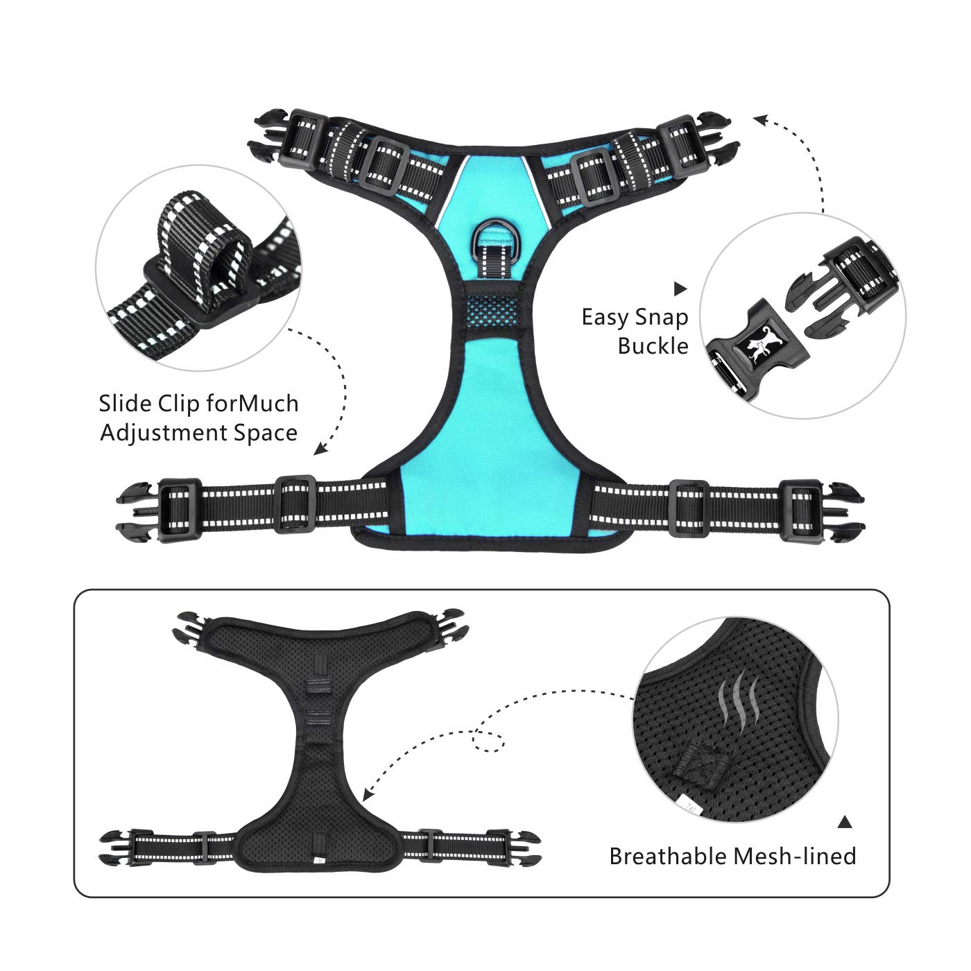 PoyPet No Pull Dog Harness - Reflective, 4 Snap Buckles, XL, Mint Blue, Wear-resistant Oxford, Model 132050