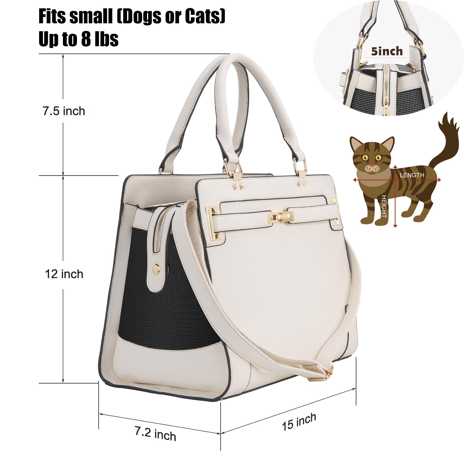 Fashion Pet Carrier Dog Cat Carrier Purse Soft-Sided Leather Handbag Pet Tote Bag For Small Dogs Puppy And Cats Tsa Airline Approved (Beige)