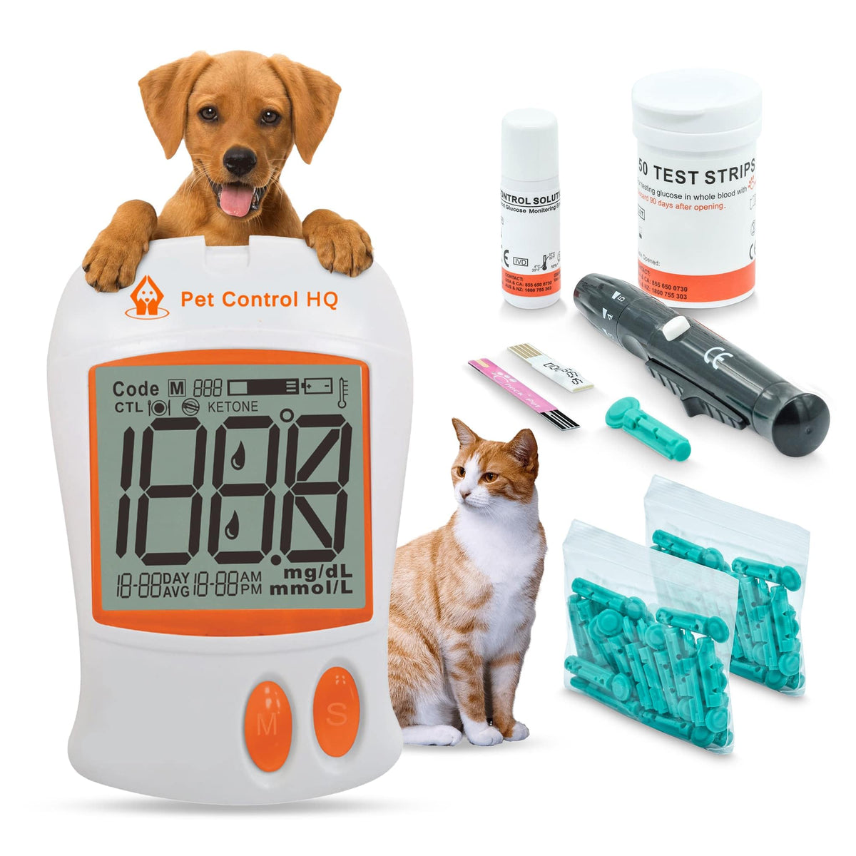 Blood Sugar Glucose Monitor System For Dogs And Cats - Pet Glucose Monitoring Kit - Accurate Diabetes Testing 2 Calibrated Code-Chips For Dog/Cat, Lancets, Logbook - Monitor + 50 Test Strips