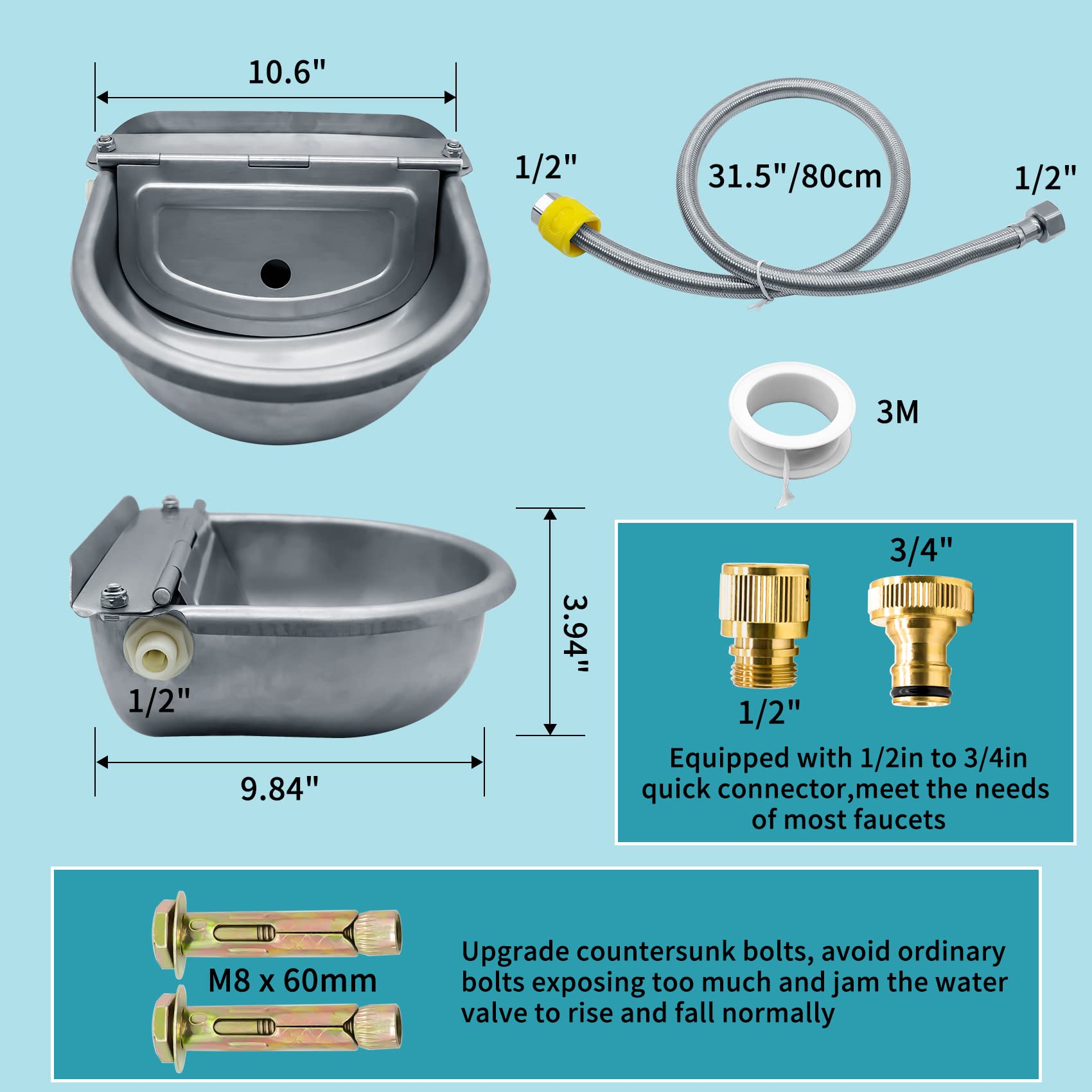 Automatic Animal Drinking Water Bowl, 304 Stainless Steel Waterer For Dog Horse Goat Pig Cow, Livestock Water Trough Dispenser W