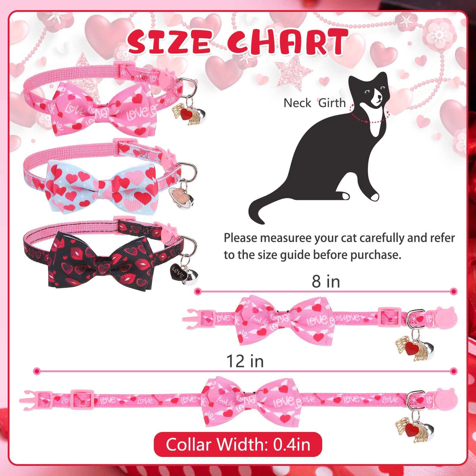 Kooltail Cat Collar Breakaway With Bowtie And Bells, 3 Pack Cute Kitten Collars, Adjustable Safety Buckle Heart Charm Pendant Pe