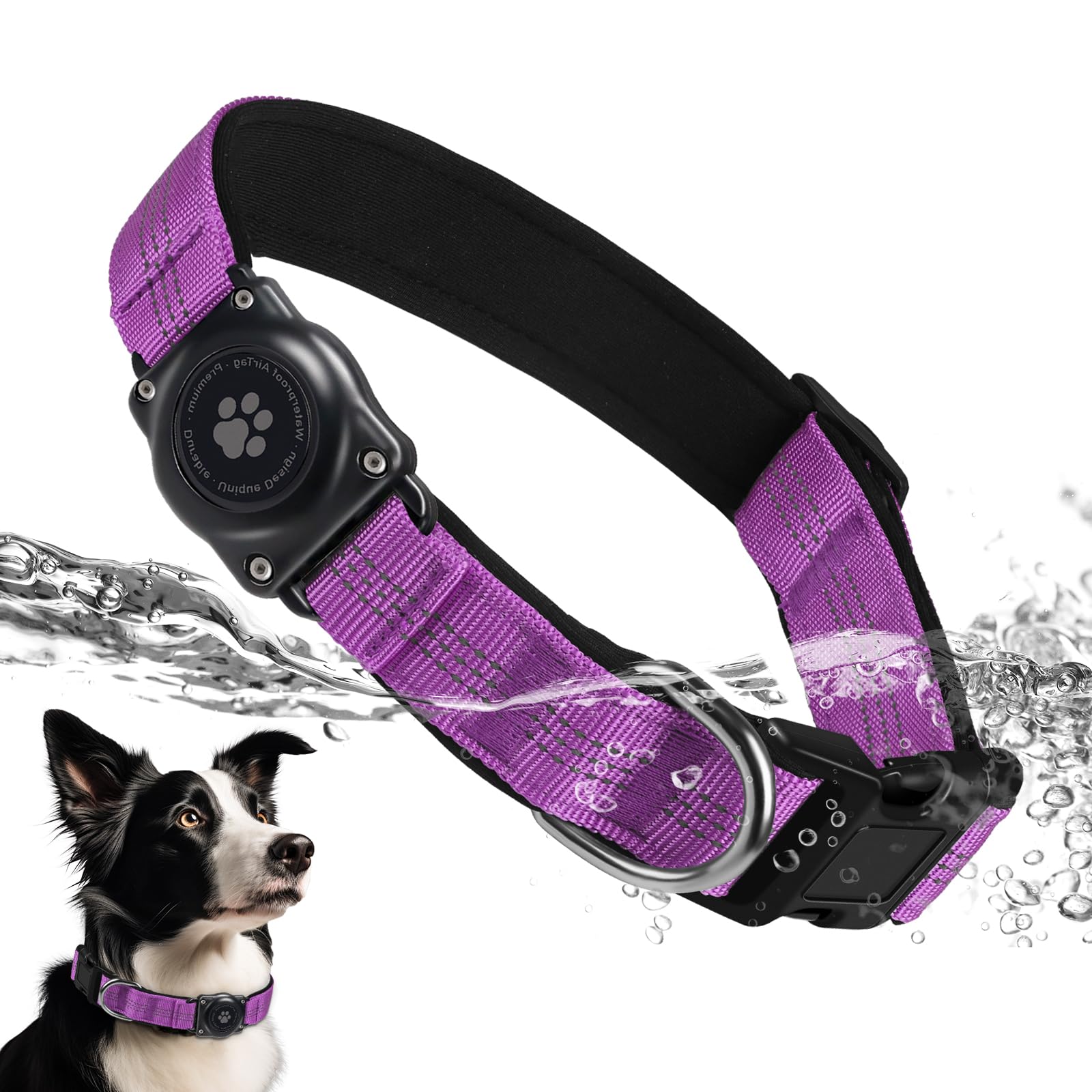 Upgraded Airtag Dog Collar, Ip68 Waterproof Air Tag Dog Collar Holder, Reflective, Ultra-Durable, Comfortable Padded, Heavy Duty Dog Collars For Small Medium Large Dogs (Xl (15.6'-22'), Purple)