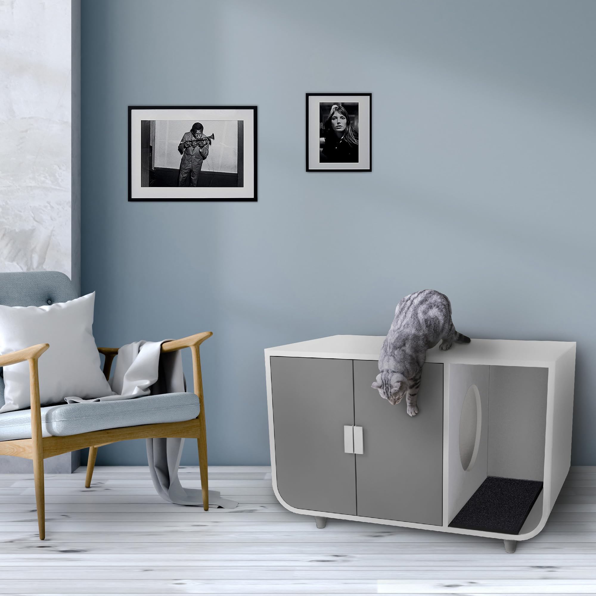 Staart Cat Litter Box Enclosure - Large Hidden Furniture Nightstand, Alpine White, Solid Wood, Model ST-K100021