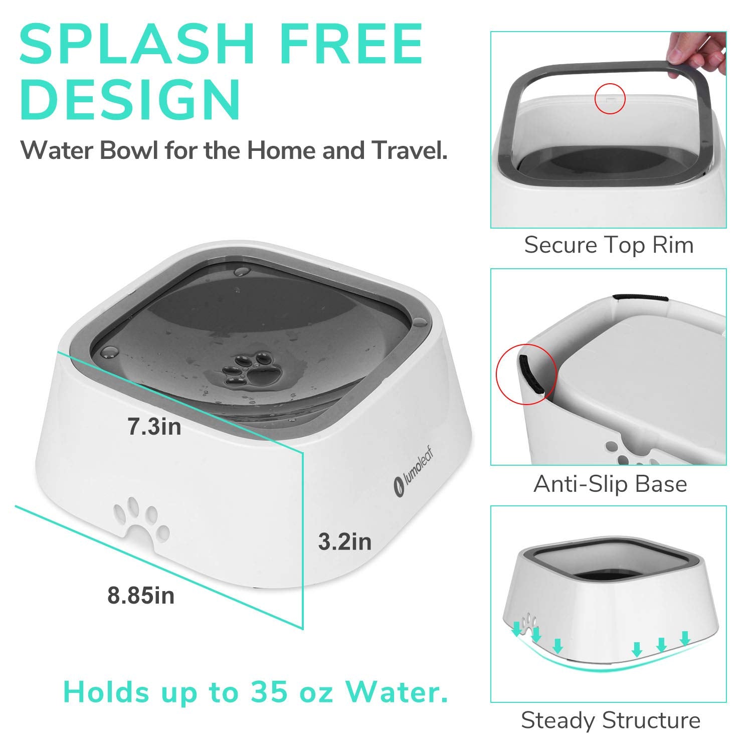 Lumoleaf No Spill Water Bowl For Dogs, Slow Feeder For Messy Drinkers, Drip-Free, Splash-Proof Design (Grey, 35Oz)