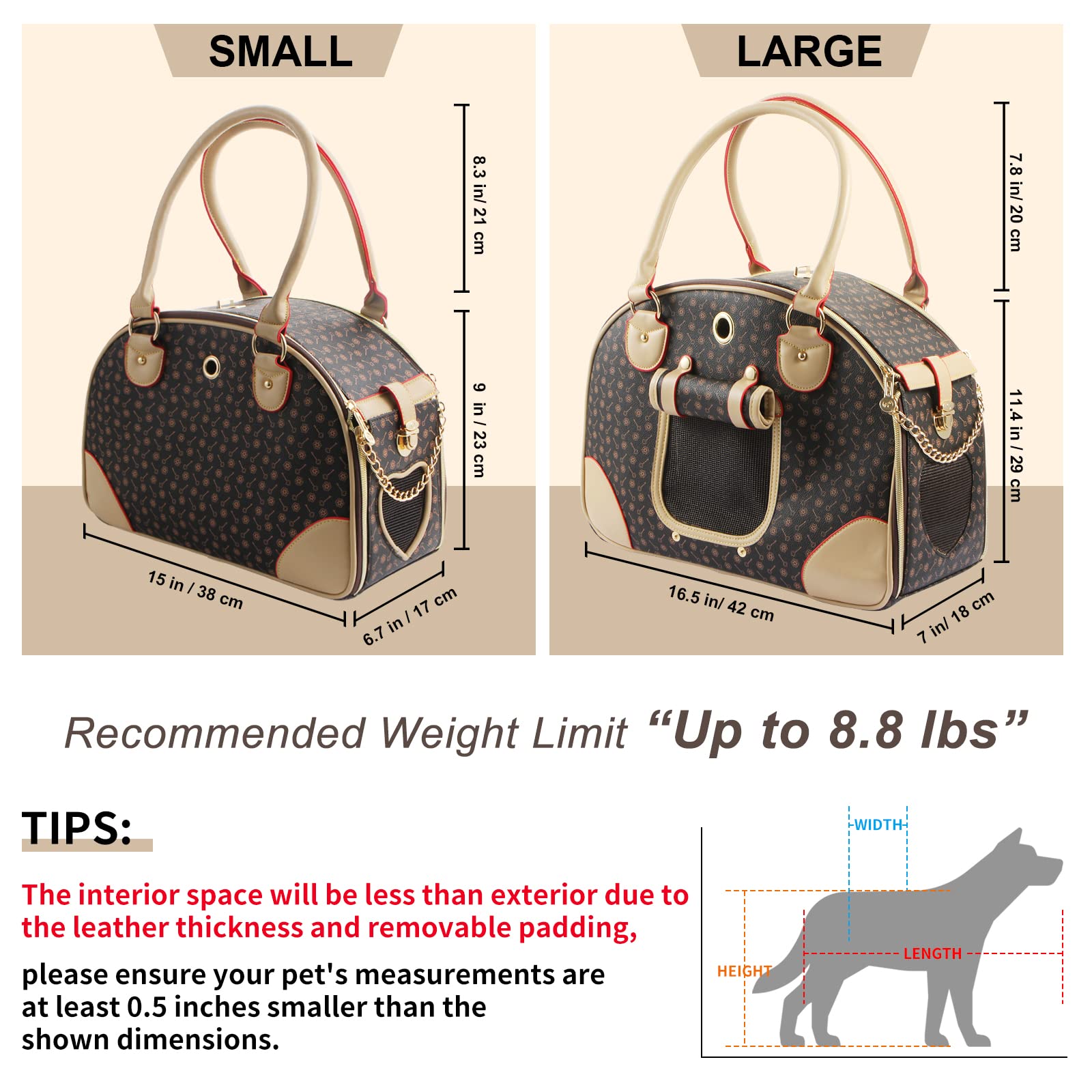 Betop House Fashion Dog Carrier Pu Leather Dog Handbag Dog Purse Cat Tote Bag Pet Cat Dog Hiking Bag, Brown, Small 38 * 23 * 17C