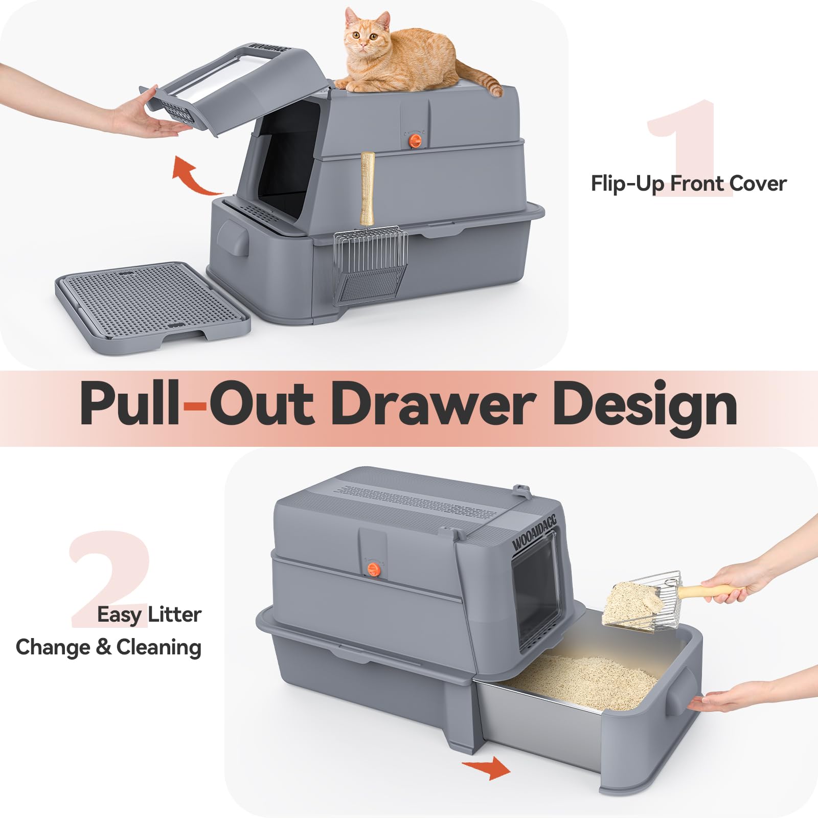 Wooaidagg Covered Stainless Steel Cat Litter Box With Odor Control, Modular Design With Drawer, Easy To Clean With Scoop,Xl Size