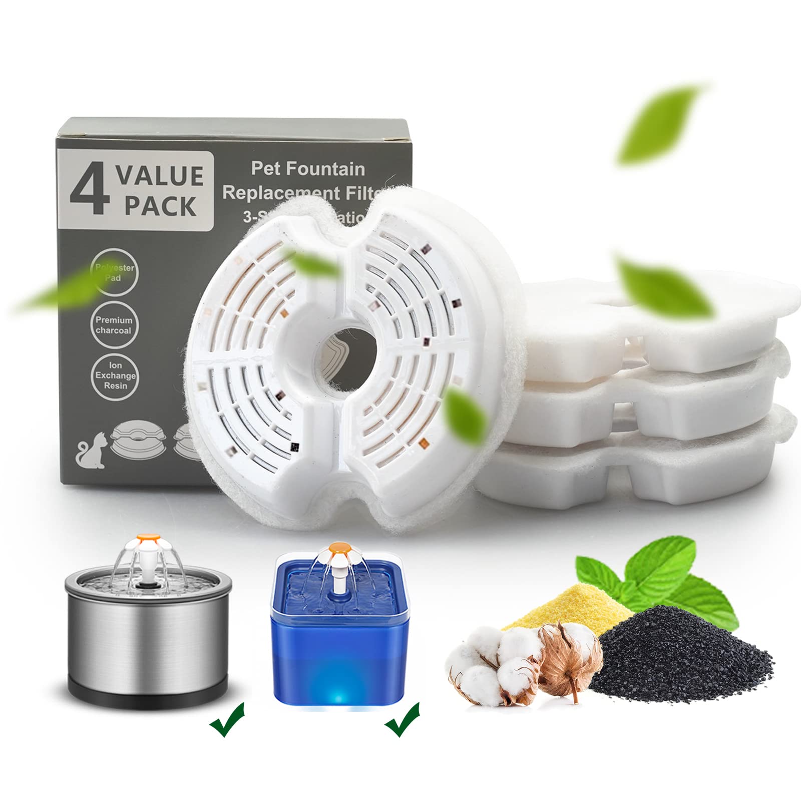 Cat Water Fountain Filters, Multiple Filtration Pet Water Fountain Replacement Filter,8 Or 12 Packs Of Cotton Activated Carbon Cat Fountain Filters (Filter 4 Pack)