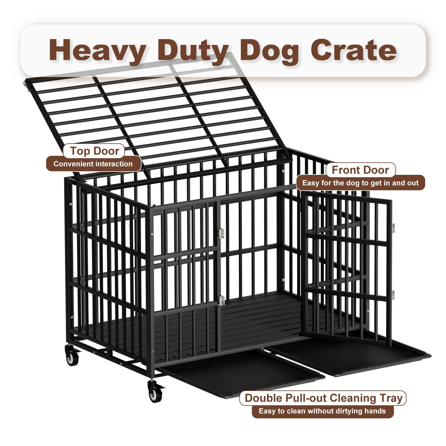 Snuowu 42 Inch Heavy Duty Dog Crate With Wheels,Indestructible Escape-Proof Dog Cage For Large Dogs, Extra Large Xl Xxl Indestru