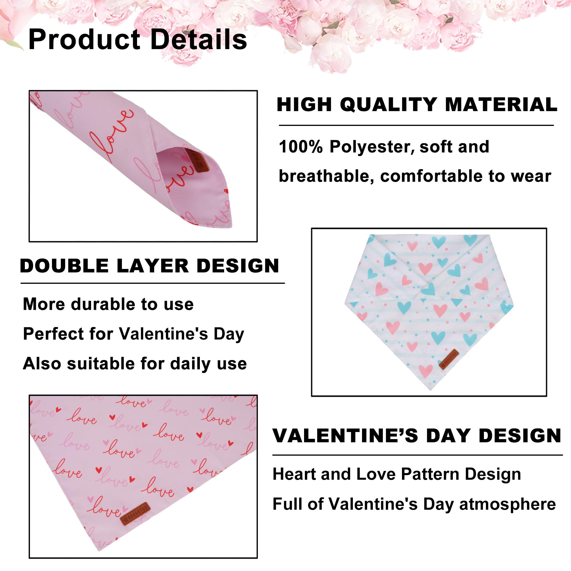 Adoggygo Valentine Dog Bandanas 2 Pack, Triangle Reversible Pink White Heart Dog Scarf, Premium Durable Fabric, Pet Valentine Ba