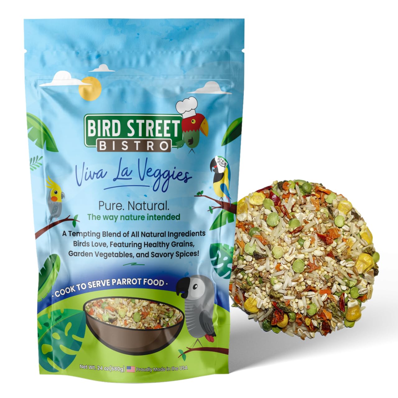 Bird Street Bistro Parrot Food - Parakeet - Cockatiel - Cooks in 3-15 min w/Natural & Organic Grains - Legumes - Non-GMO Fruits,