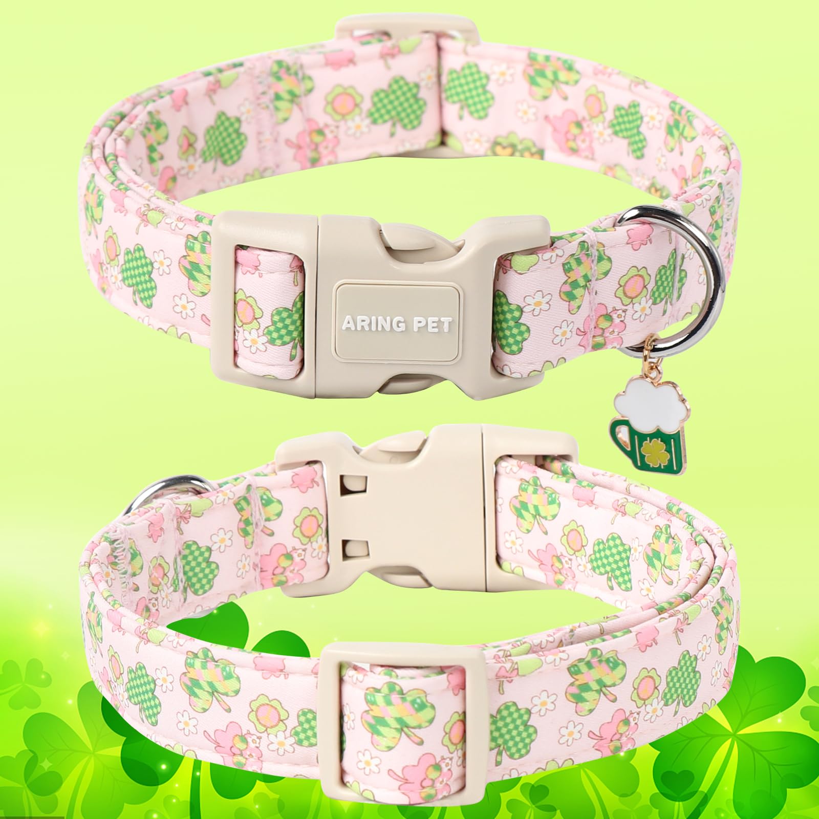 Aring Pet St Patrick'S Day Dog Collar-Cute Pink Clovers Dog Collars, Adjustable Shamrock Pet Collars Trefoil Puppy Collar With Q