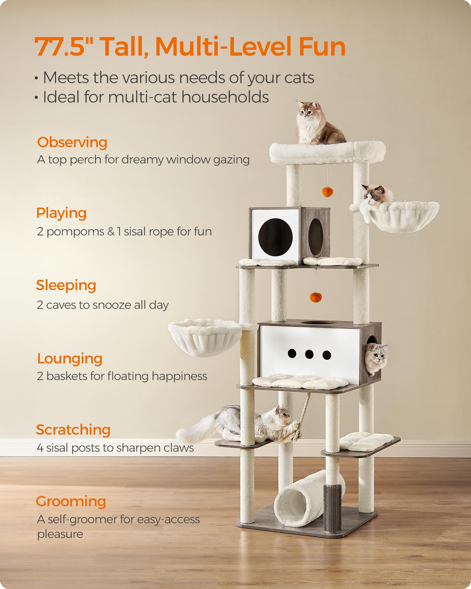 Feandrea Cat Tree, 77.5-Inch Tall Modern Cat Tower for Large Indoor Cats, Multi-Level Cat Condo with 2 Caves, 2 Hammocks, 4 Scra